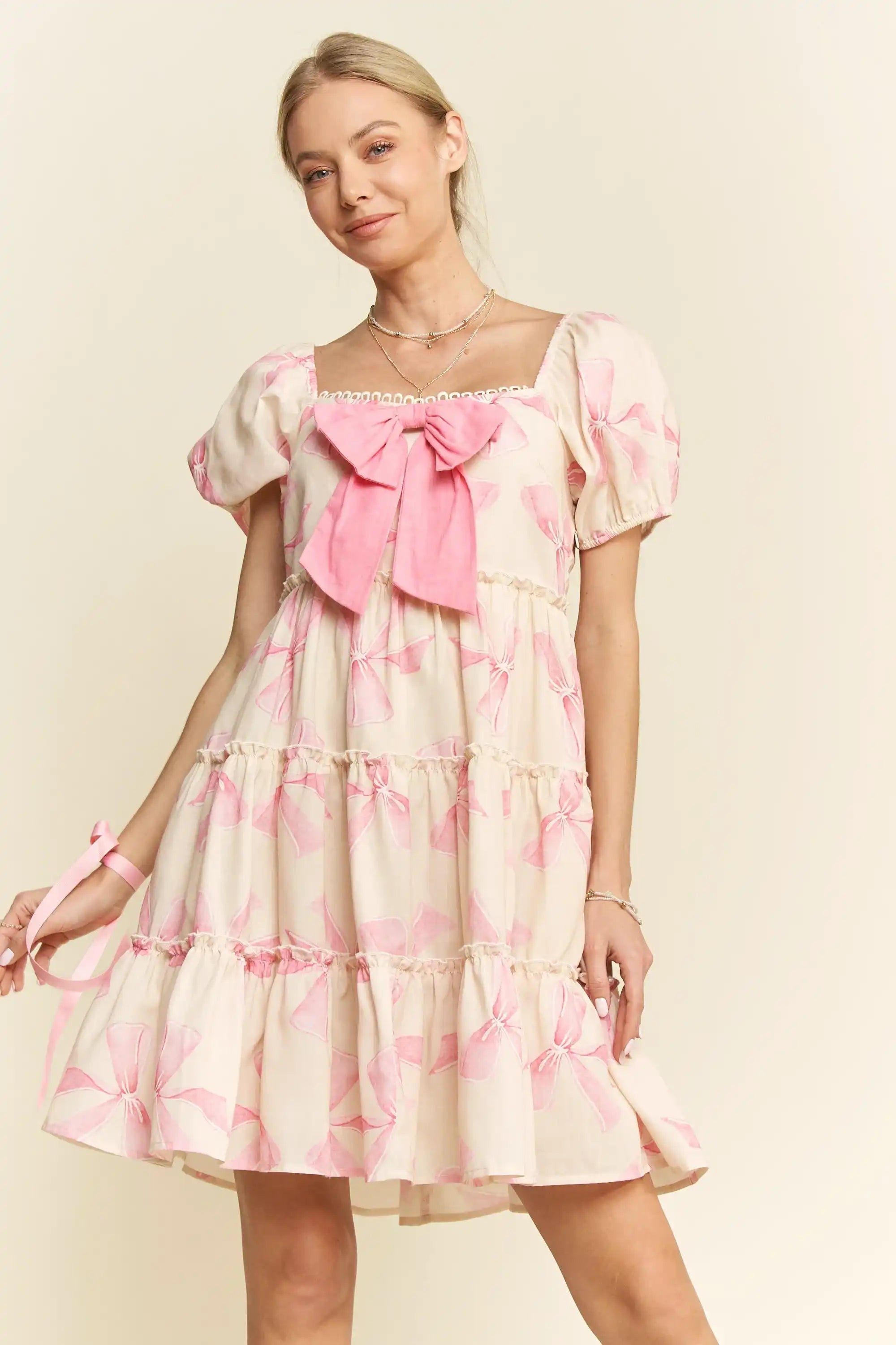 Puff Sleeve Bow-Front Babydoll Mini Dress for Women — Pink - gallery