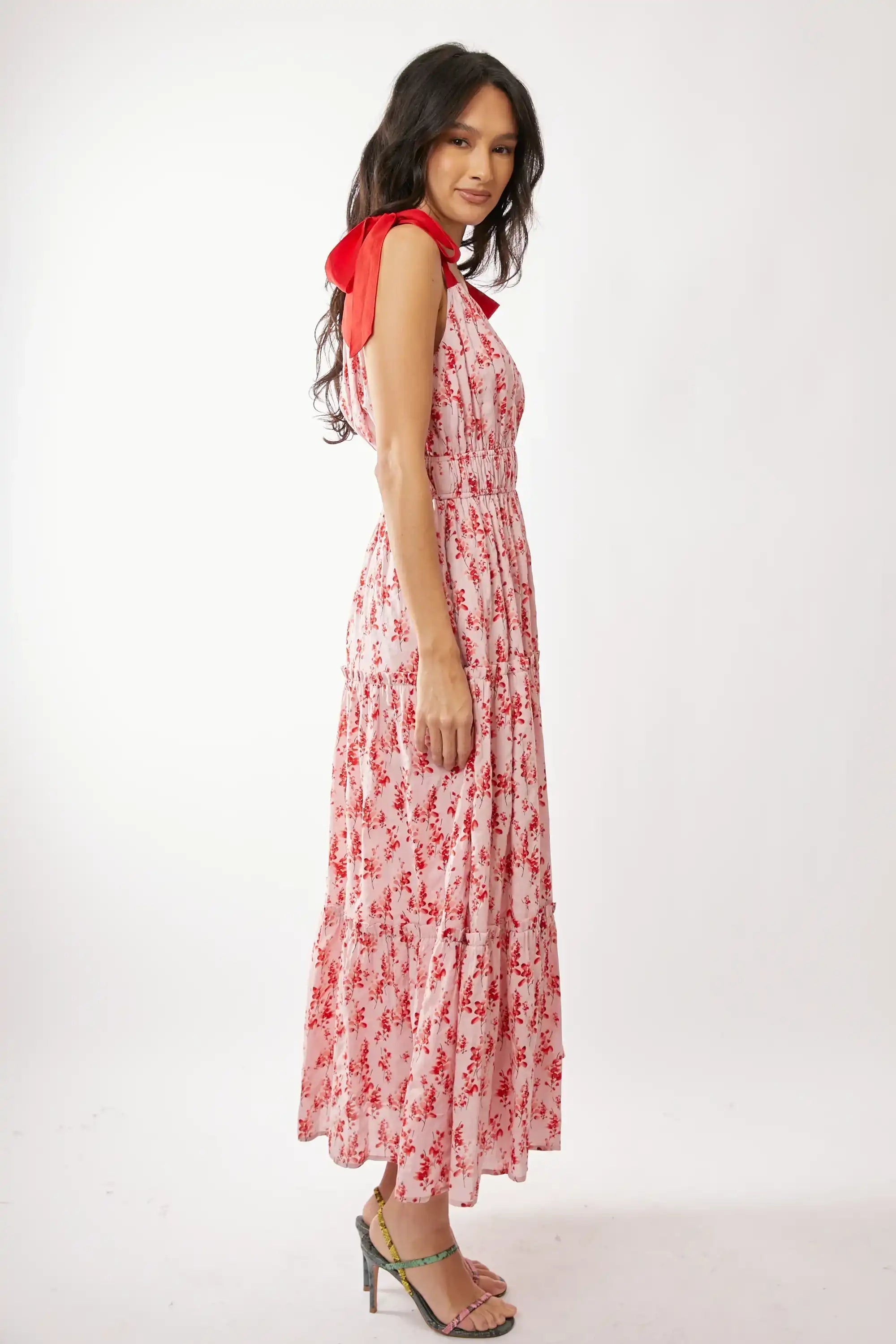 Floral Tiered Maxi Dress for Women — Smocked Waist Tie Shoulders - gallery