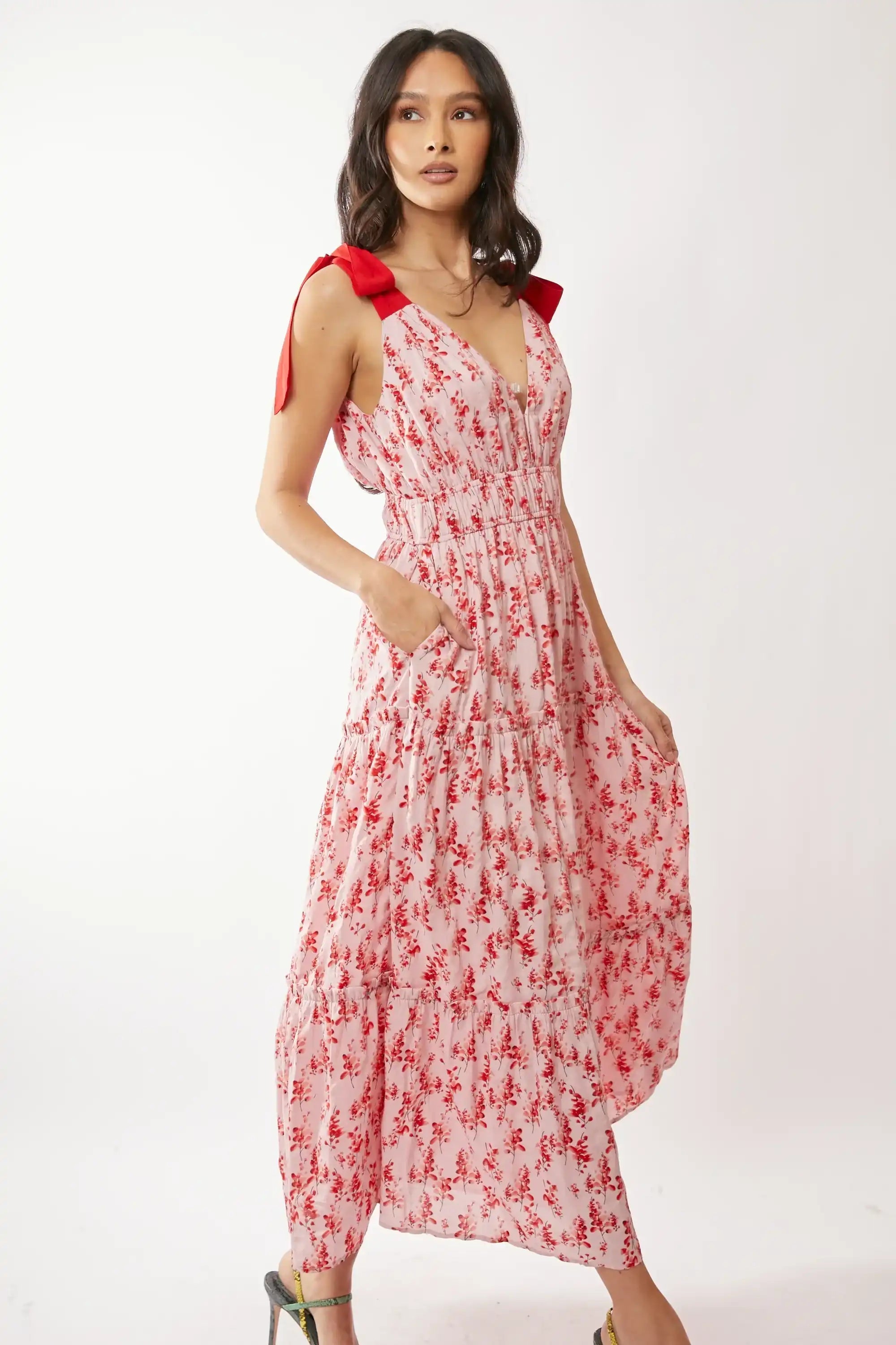 Floral Tiered Maxi Dress for Women — Smocked Waist Tie Shoulders - gallery