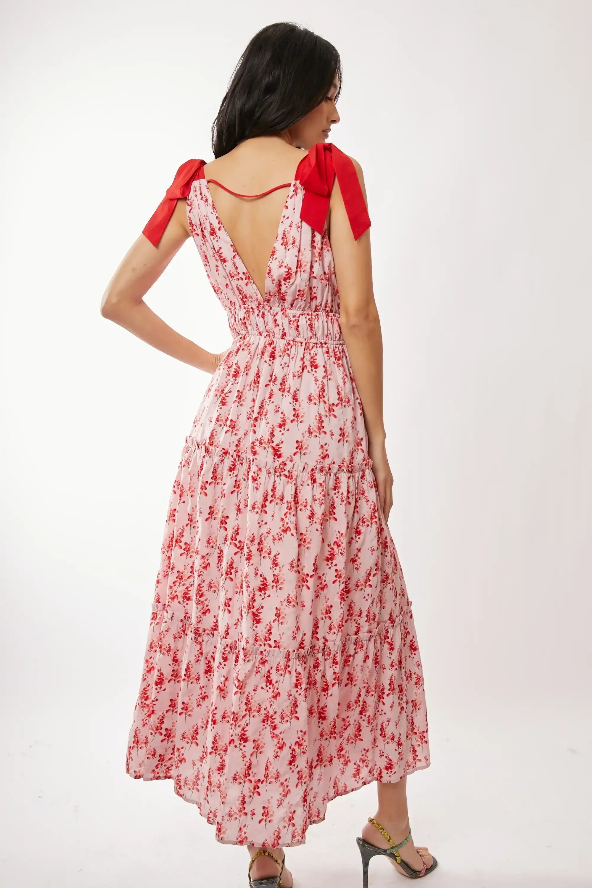 Floral Tiered Maxi Dress for Women — Smocked Waist Tie Shoulders - gallery