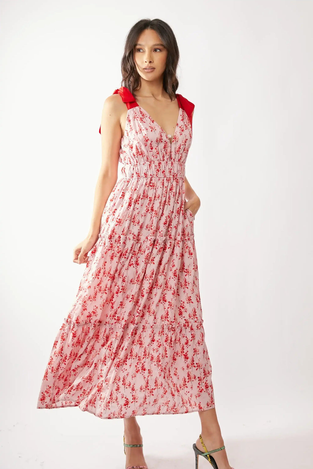 Floral Tiered Maxi Dress for Women — Smocked Waist Tie Shoulders