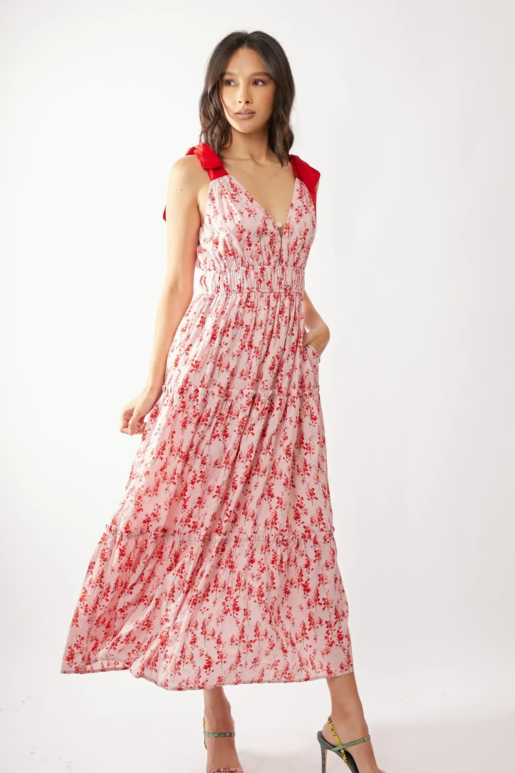 Floral Tiered Maxi Dress for Women — Smocked Waist Tie Shoulders
