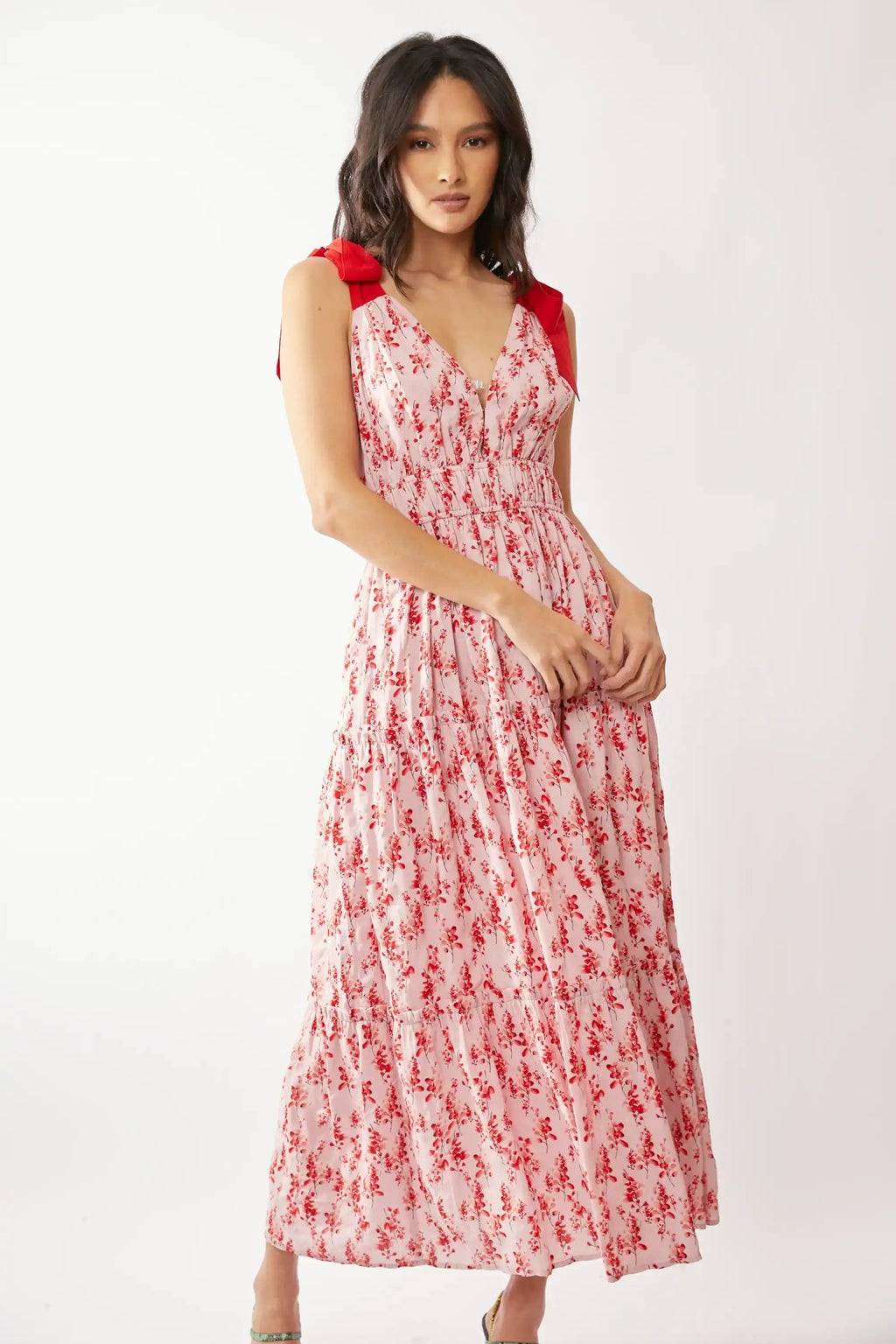 Floral Tiered Maxi Dress for Women — Smocked Waist Tie Shoulders - gallery