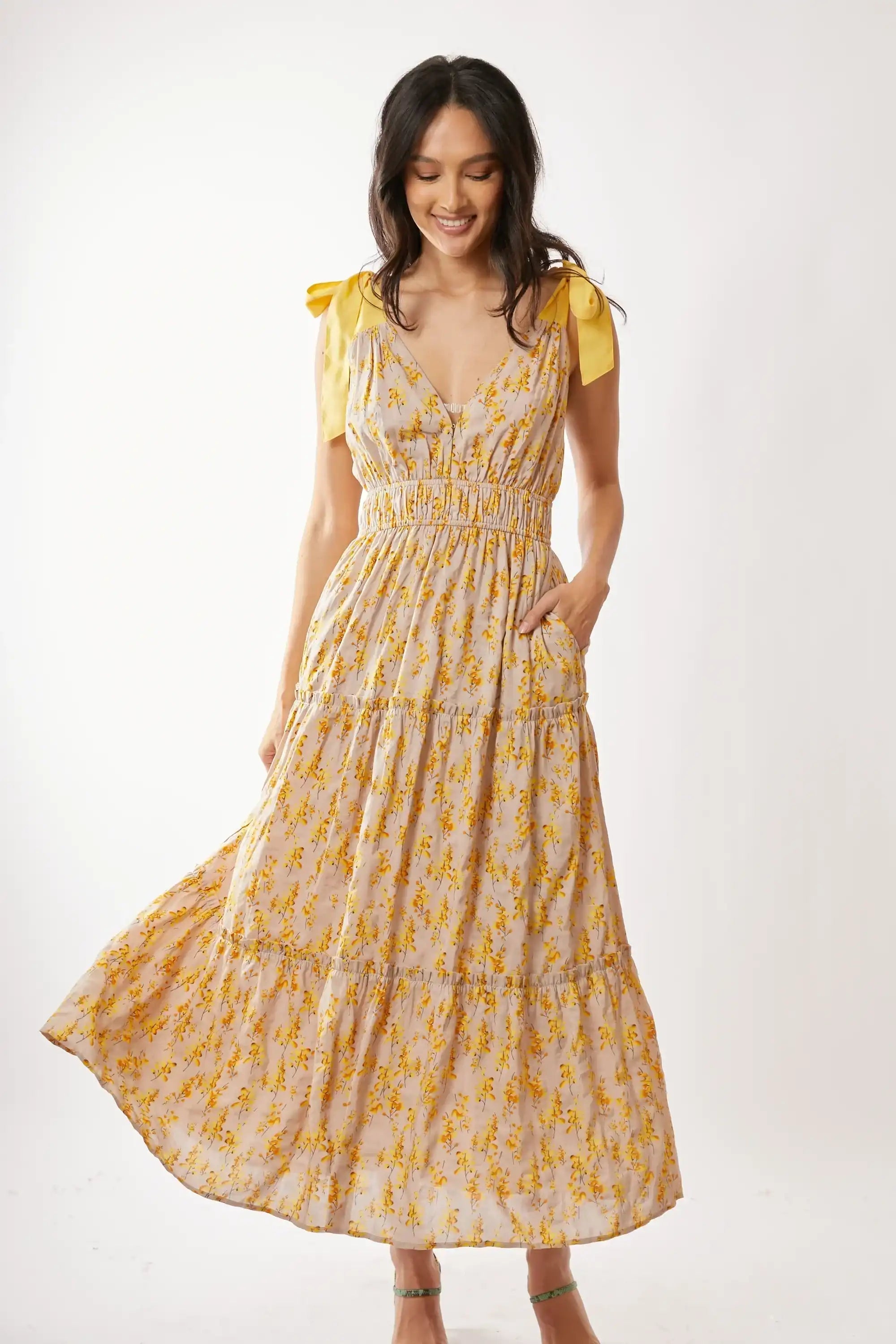 Floral Tiered Maxi Dress for Women — Smocked Waist Tie Shoulders - gallery