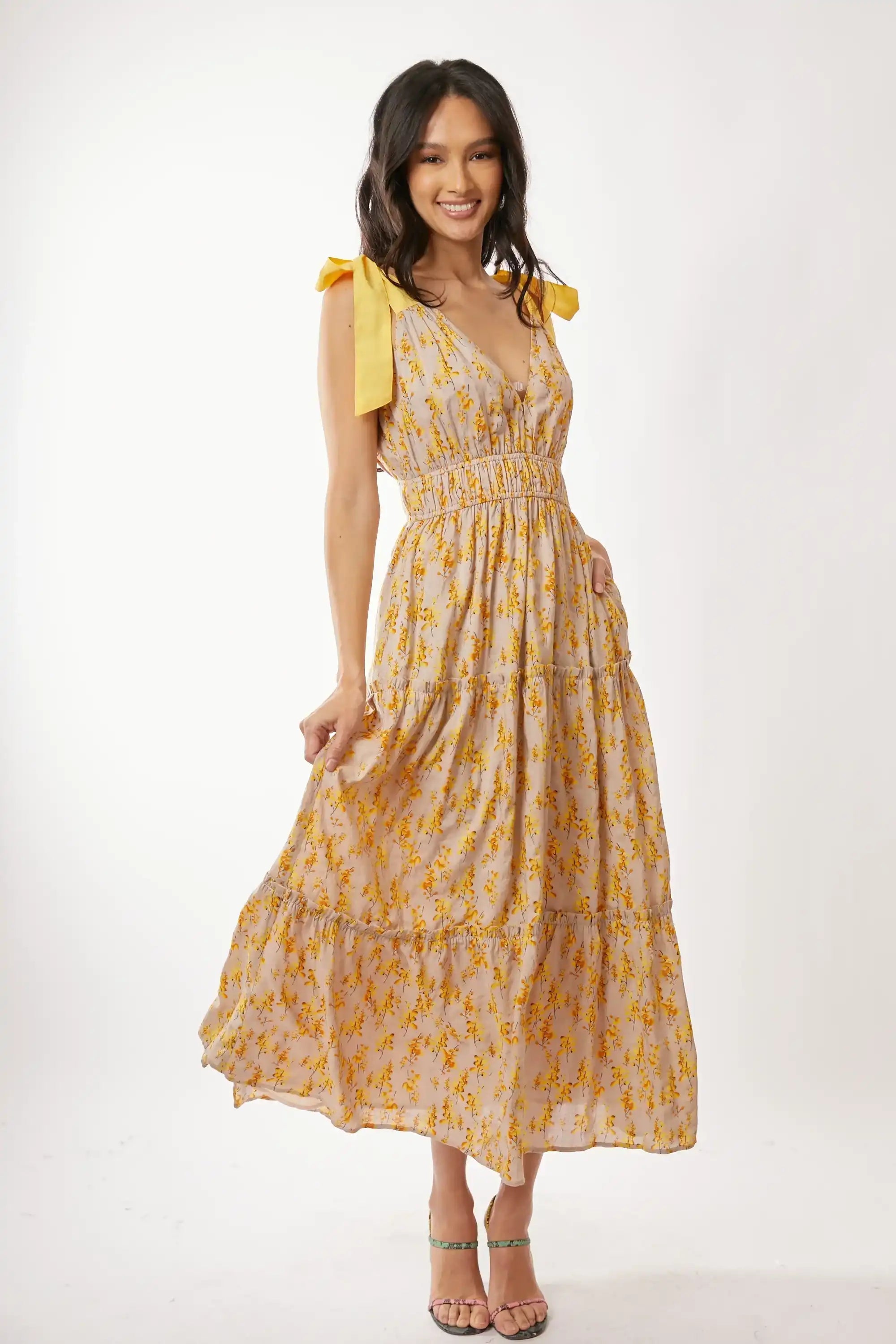 Floral Tiered Maxi Dress for Women — Smocked Waist Tie Shoulders - gallery