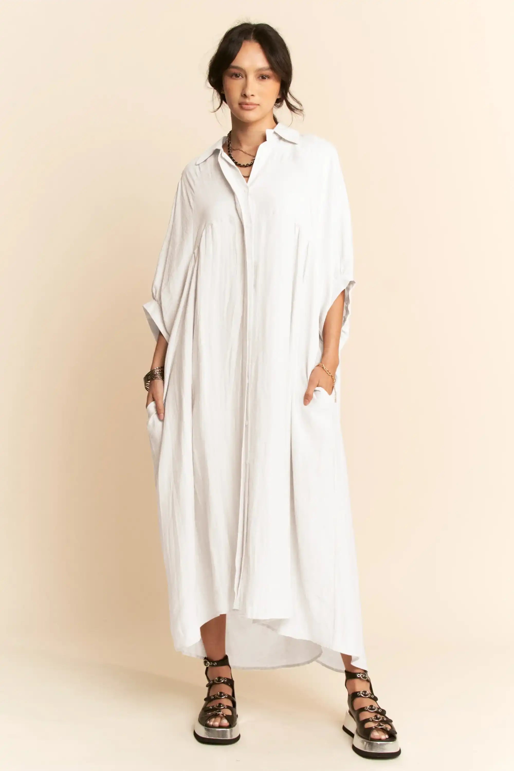 Oversized Shirt Midi Dress for Women — High-Low Hem and Pockets - gallery