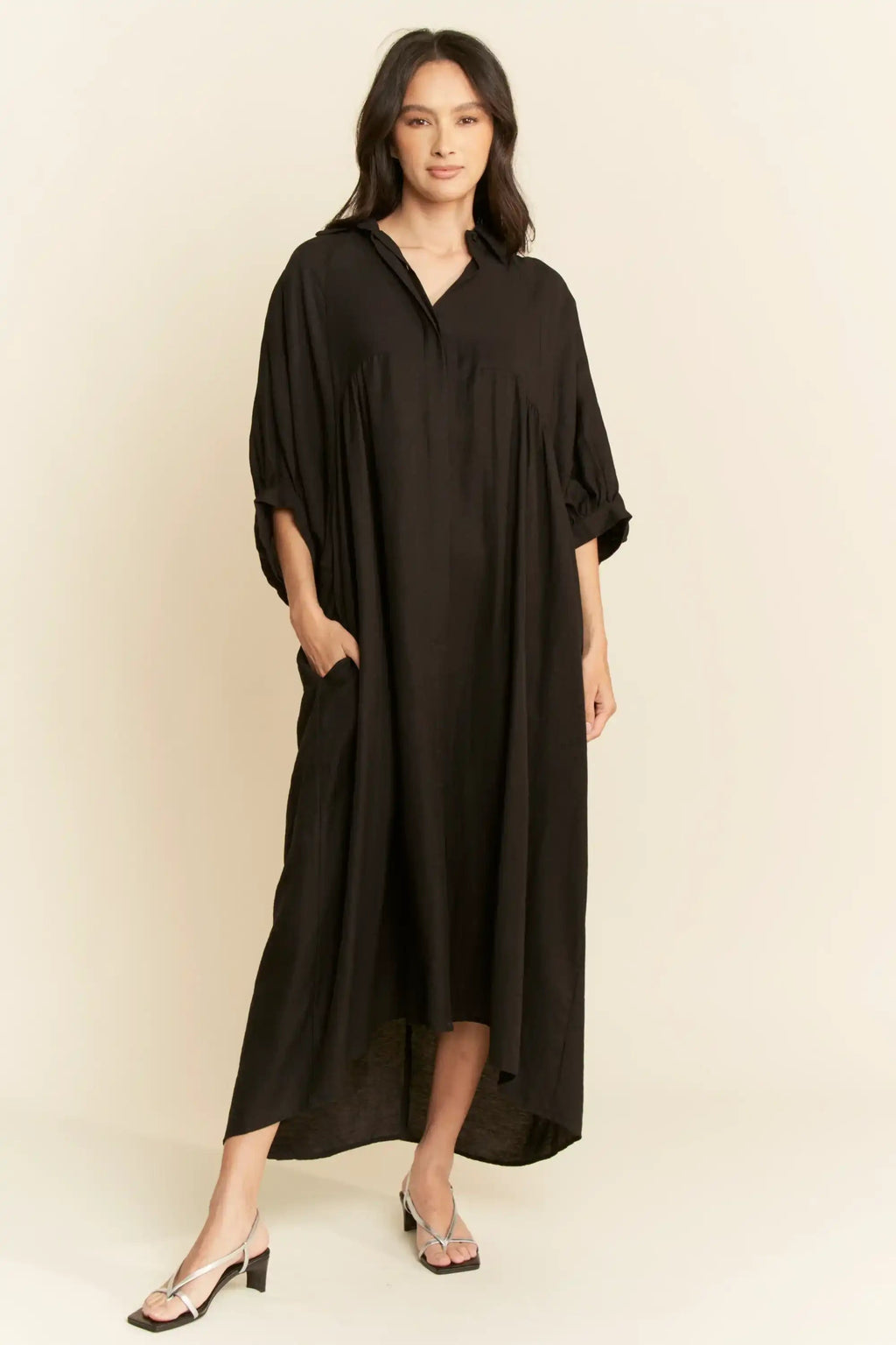 Oversized Shirt Midi Dress for Women — High-Low Hem and Pockets