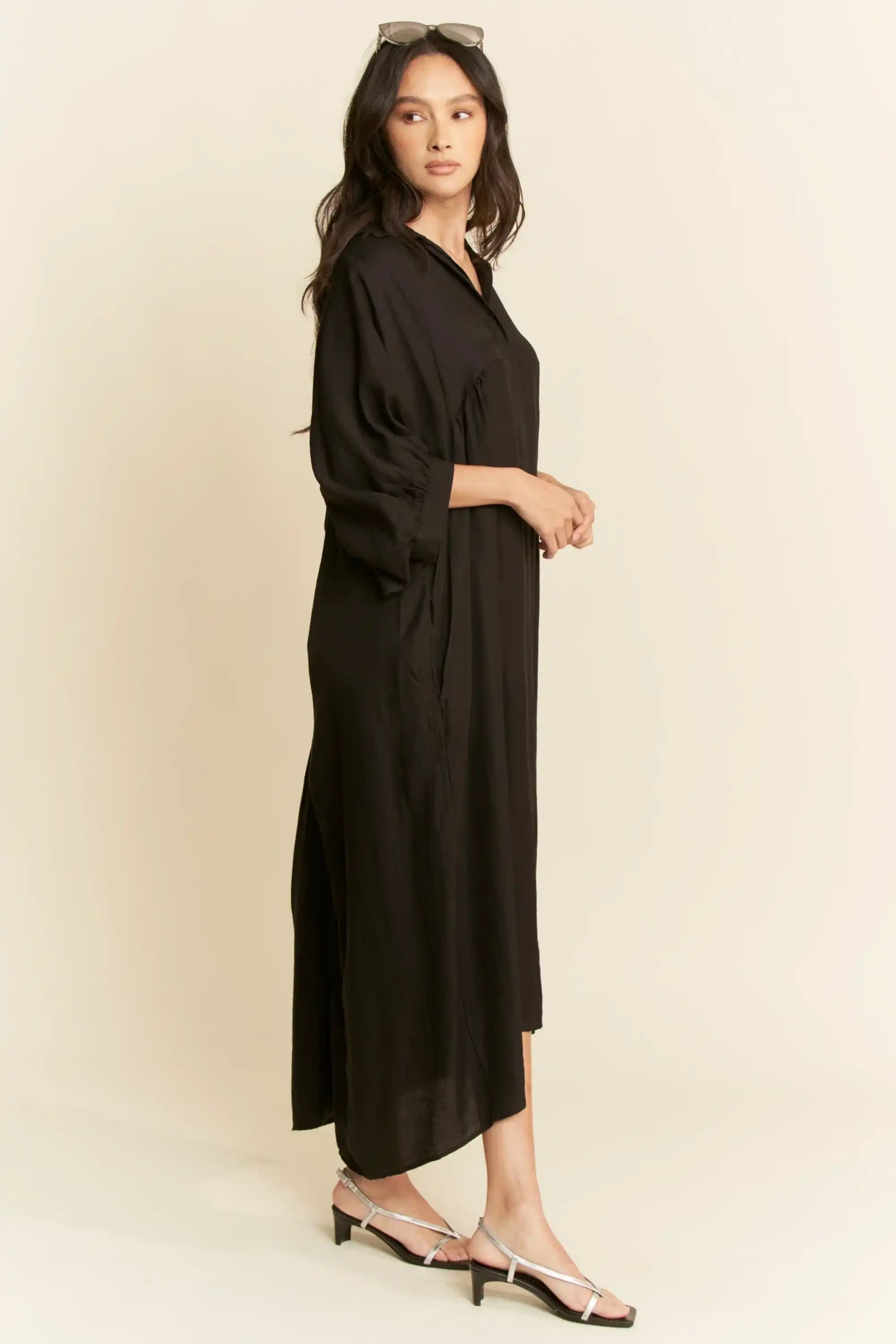 Oversized Shirt Midi Dress for Women — High-Low Hem and Pockets - gallery