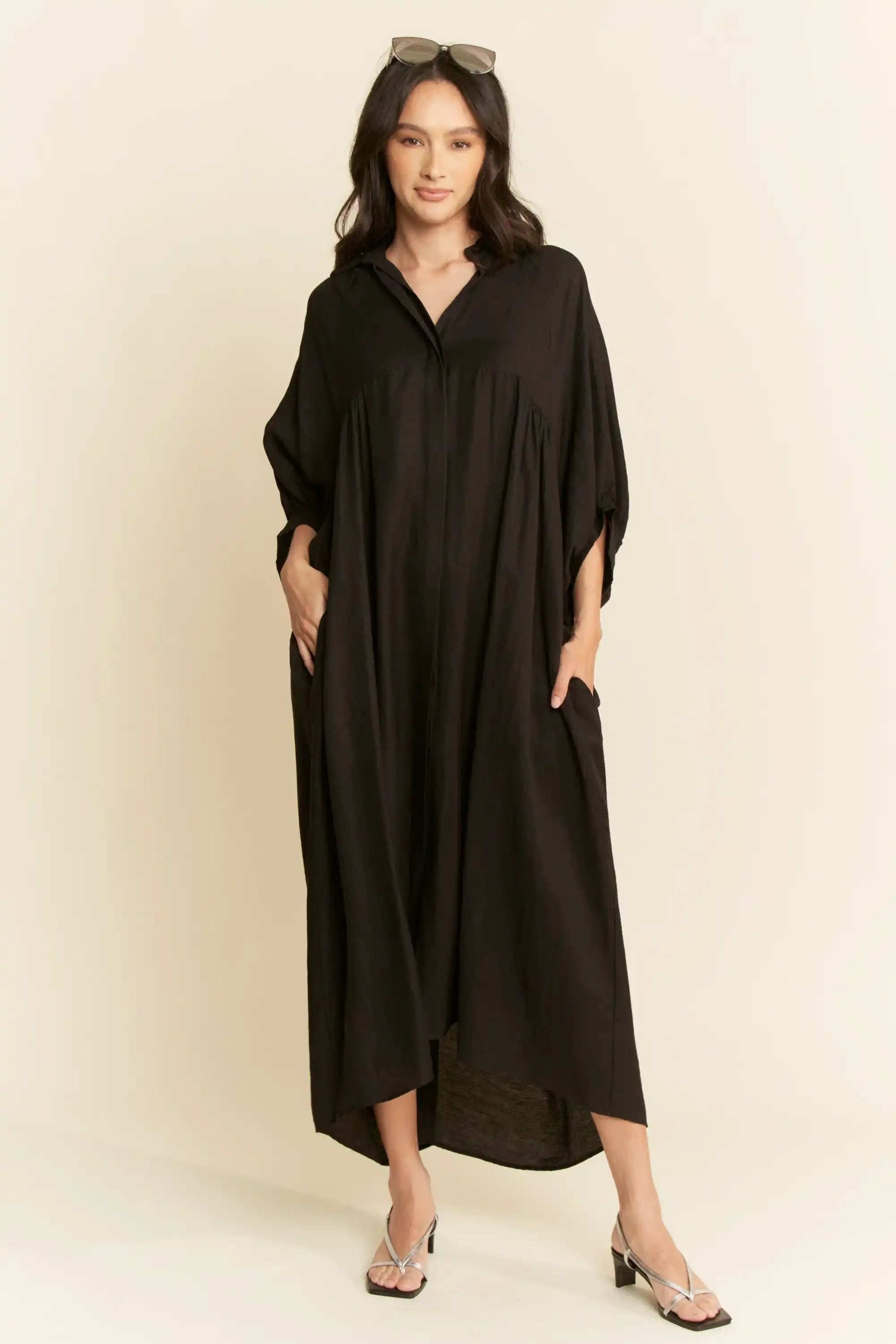 Oversized Shirt Midi Dress for Women — High-Low Hem and Pockets - gallery