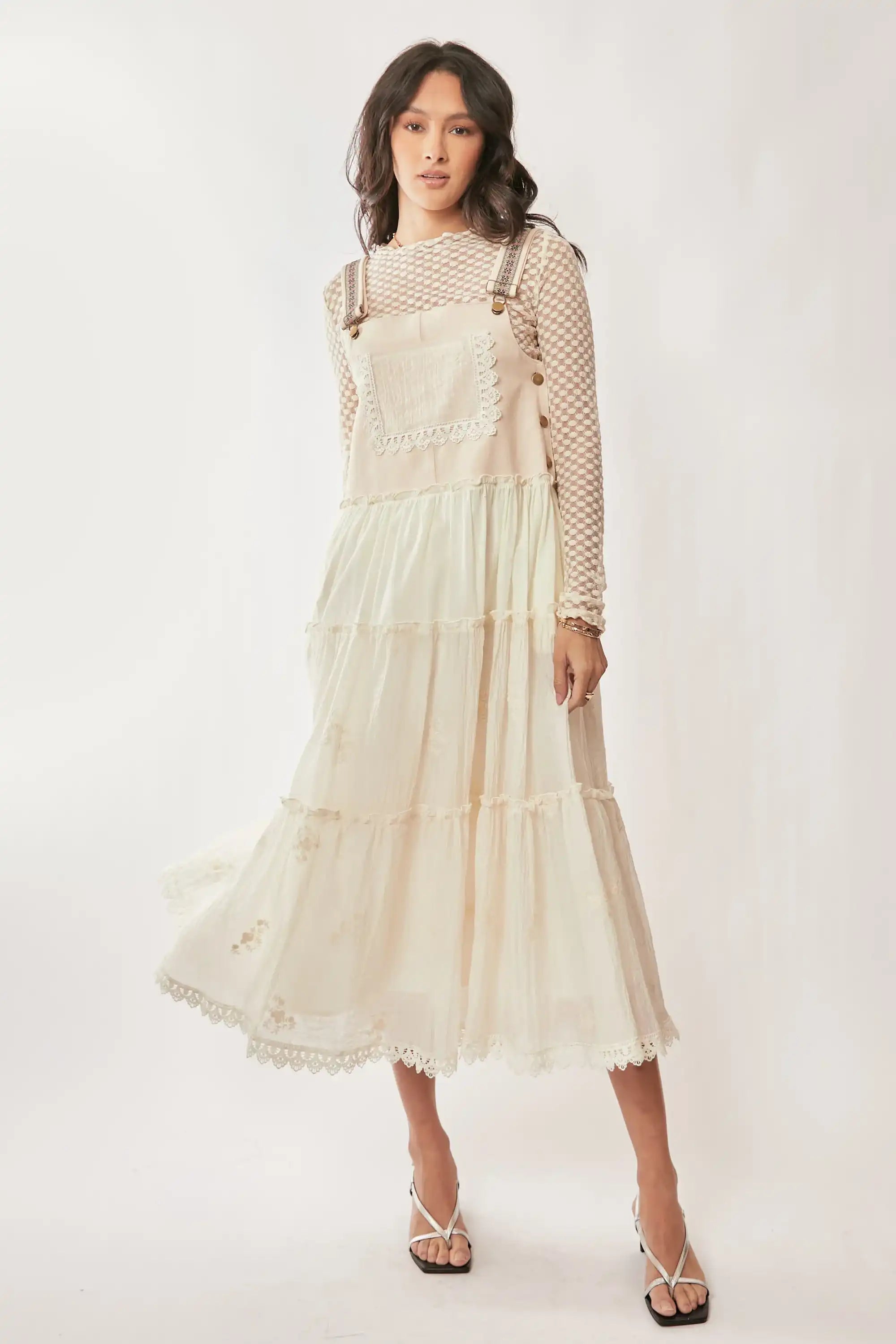 Lace Trim Suspender Maxi Dress for Women — Tiered Apron
