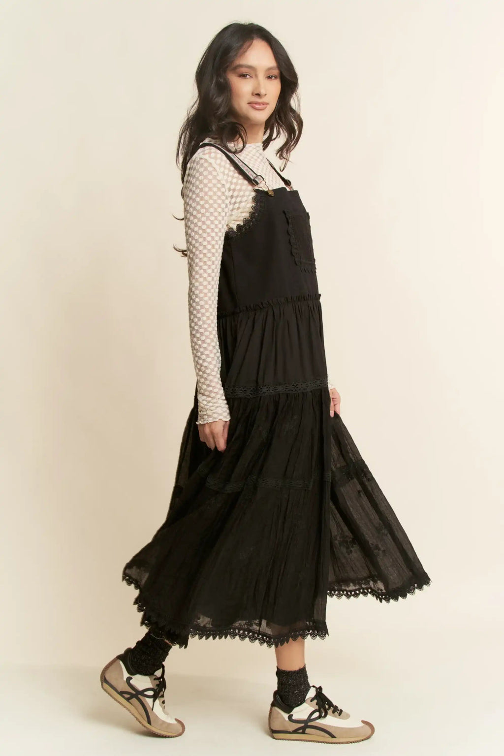 Lace Trim Suspender Maxi Dress for Women — Tiered Apron - gallery
