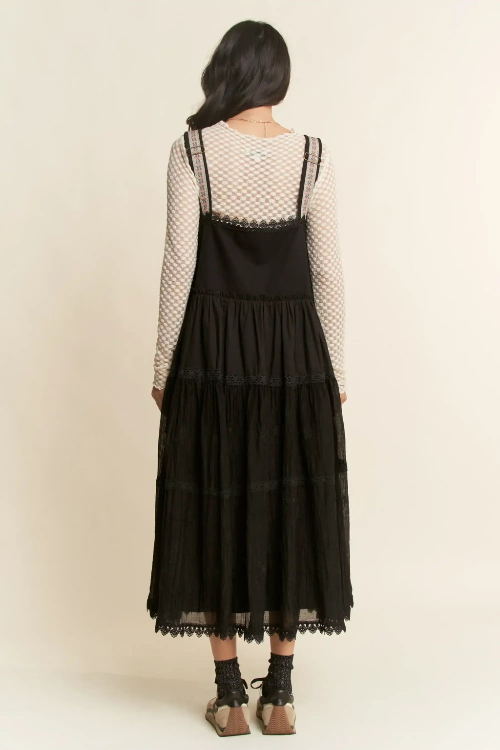 Lace Trim Suspender Maxi Dress for Women — Tiered Apron - gallery