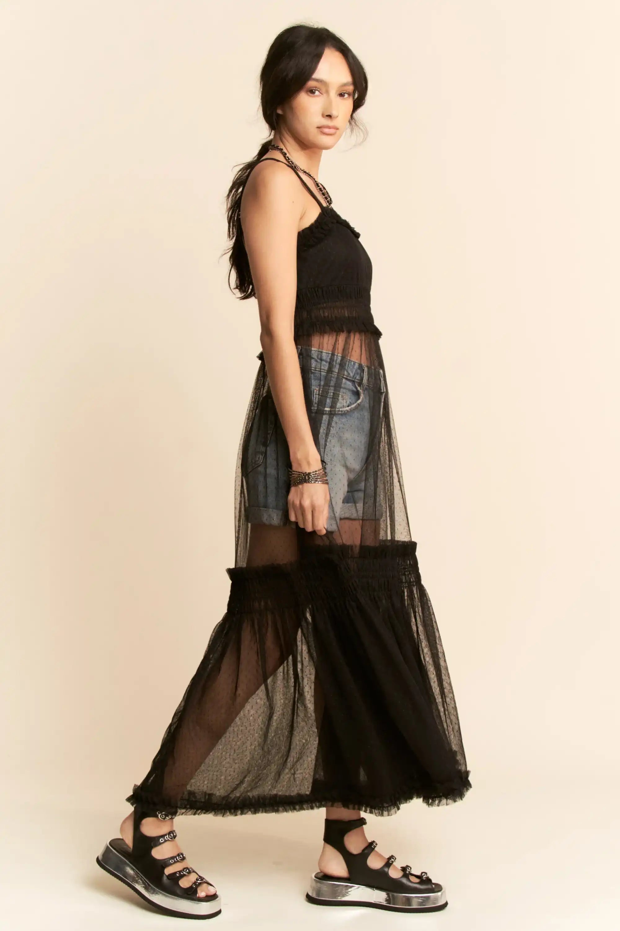Sheer Mesh Tulle Overlay Dress for Women — Smocked Waist Romantic - gallery