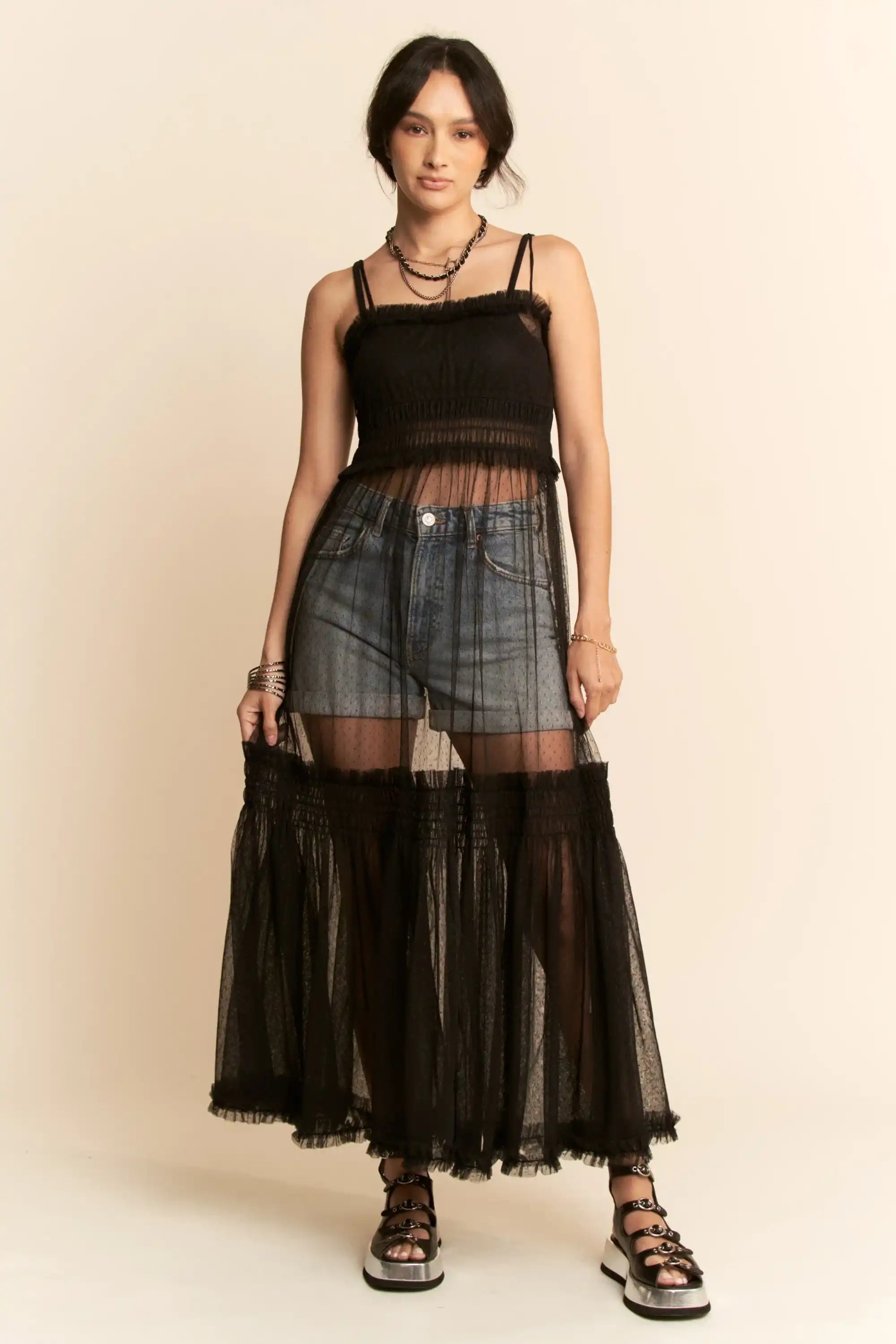 Sheer Mesh Tulle Overlay Dress for Women — Smocked Waist Romantic