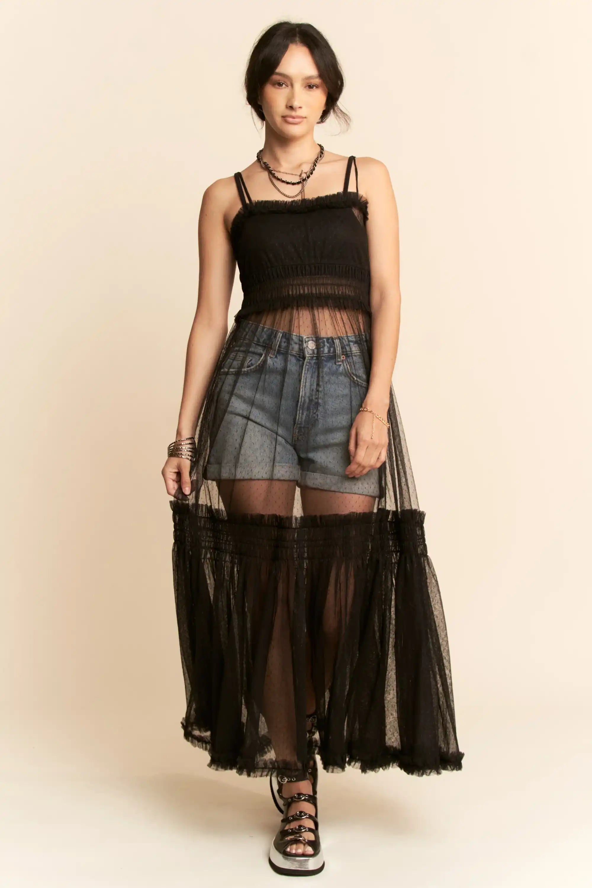 Sheer Mesh Tulle Overlay Dress for Women — Smocked Waist Romantic - gallery