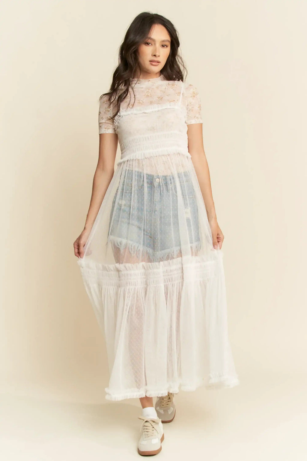 Sheer Mesh Tulle Overlay Dress for Women — Smocked Waist Romantic - gallery