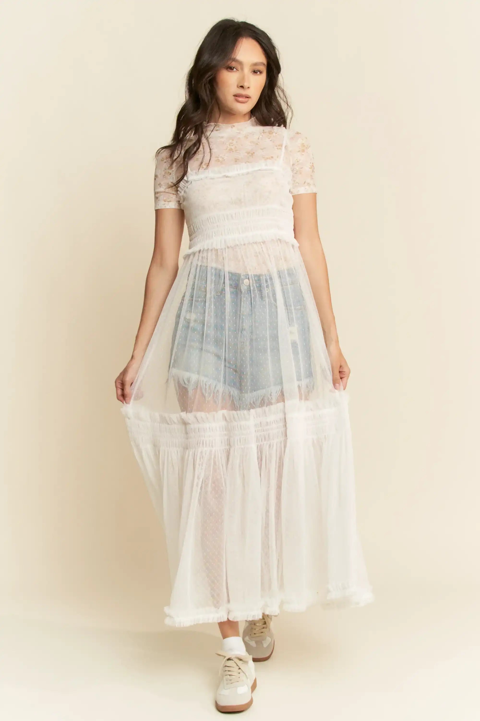 Sheer Mesh Tulle Overlay Dress for Women — Smocked Waist Romantic - gallery
