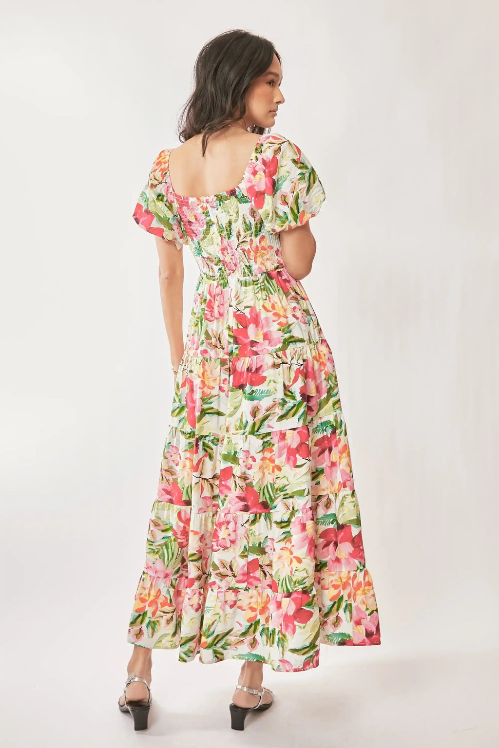 White Floral Puff-Sleeve Midi Dress for Women — Ruched Tiered - gallery