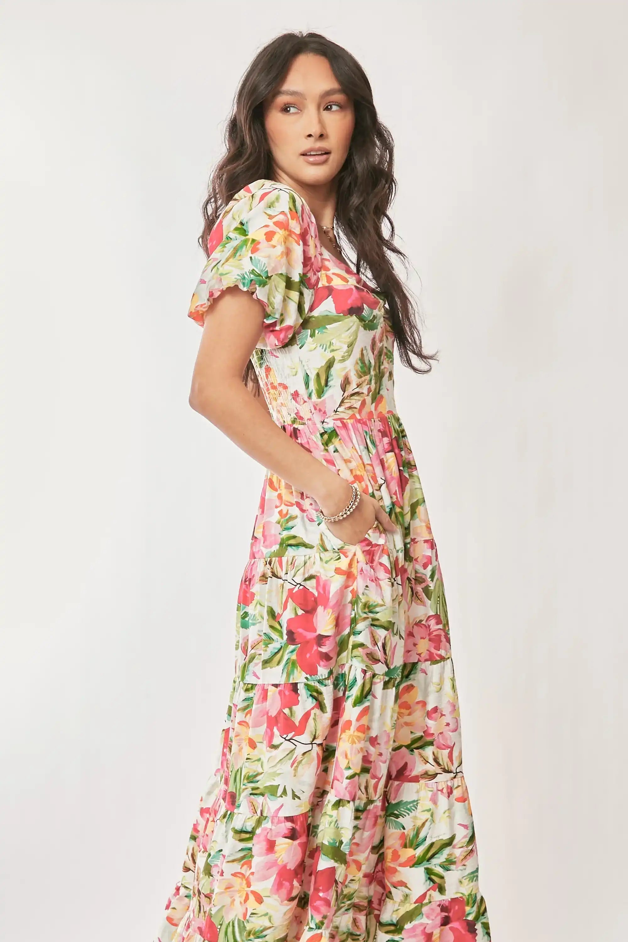White Floral Puff-Sleeve Midi Dress for Women — Ruched Tiered - gallery