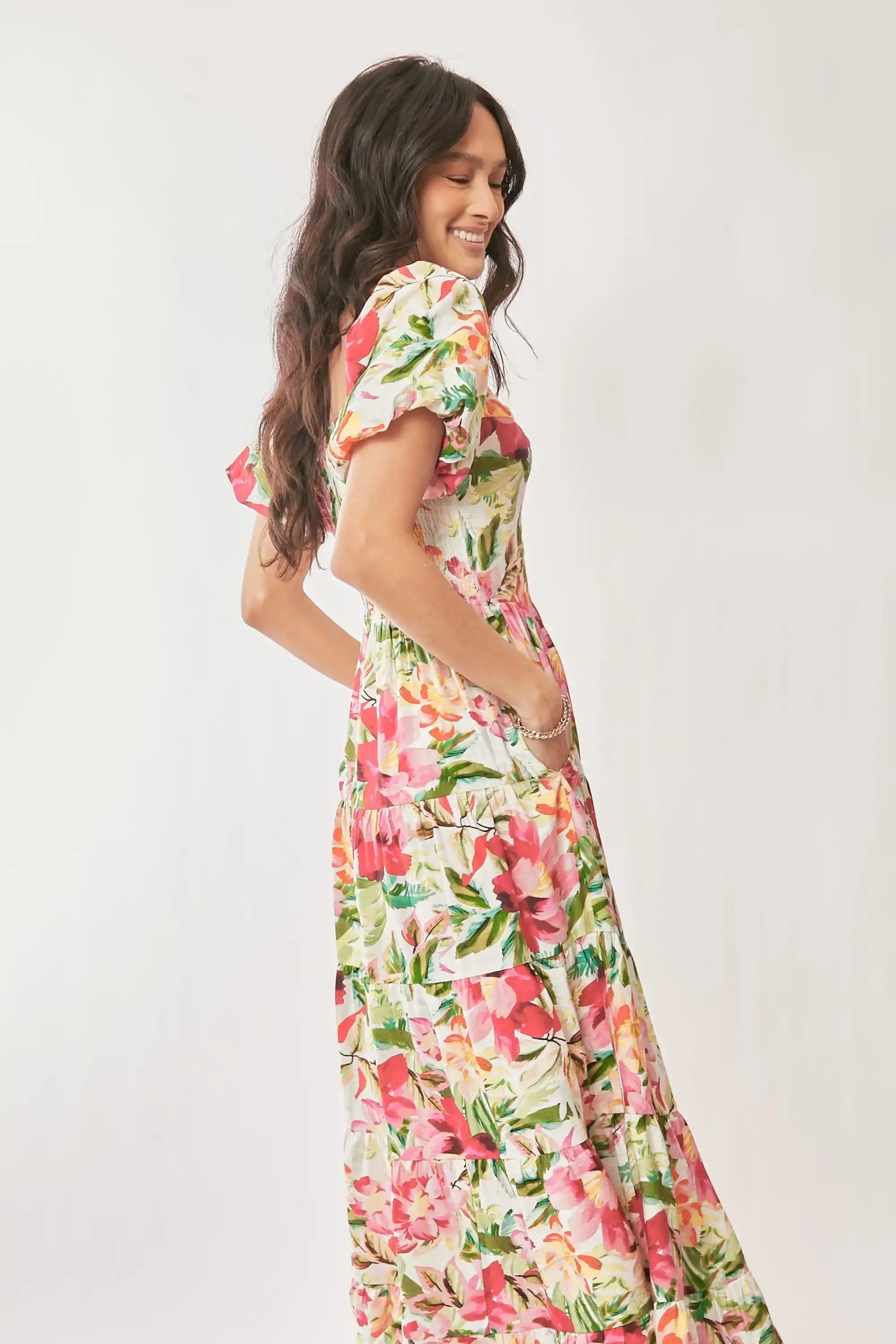 White Floral Puff-Sleeve Midi Dress for Women — Ruched Tiered - gallery