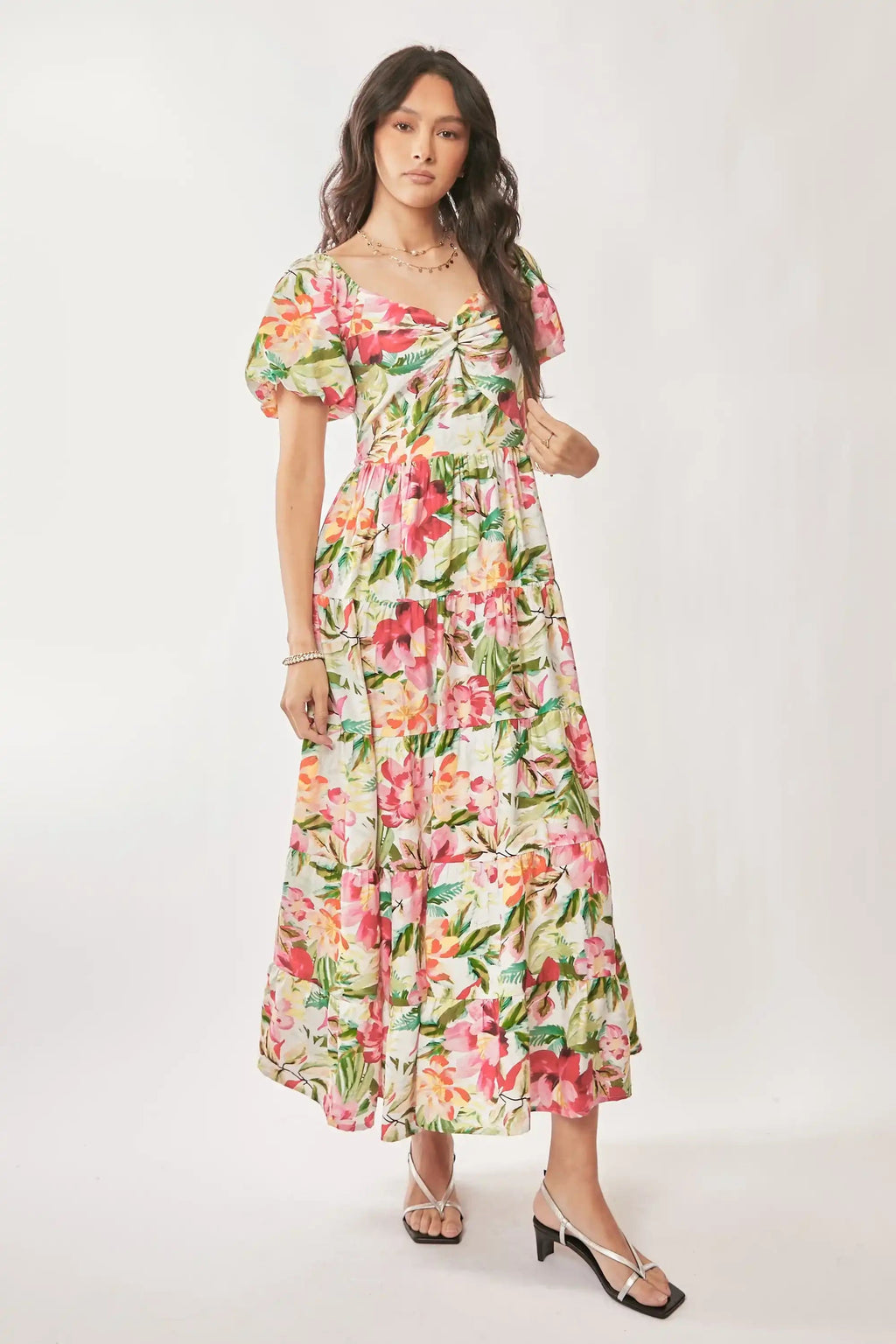 White Floral Puff-Sleeve Midi Dress for Women — Ruched Tiered