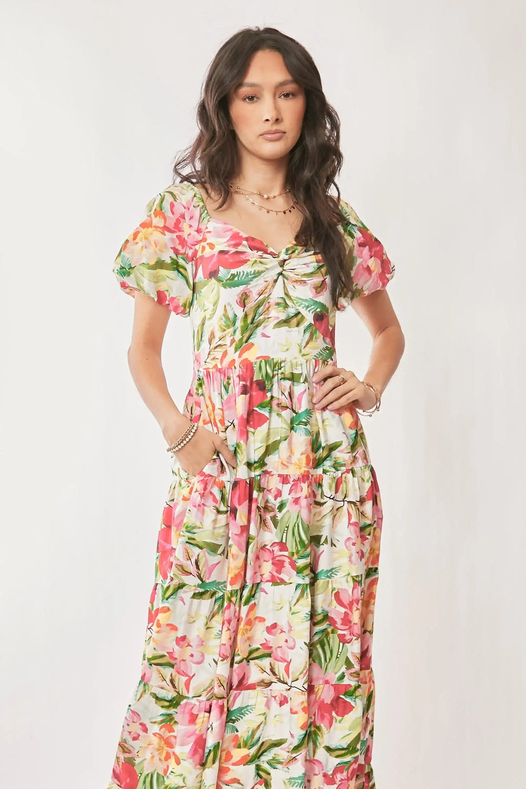 White Floral Puff-Sleeve Midi Dress for Women — Ruched Tiered - gallery