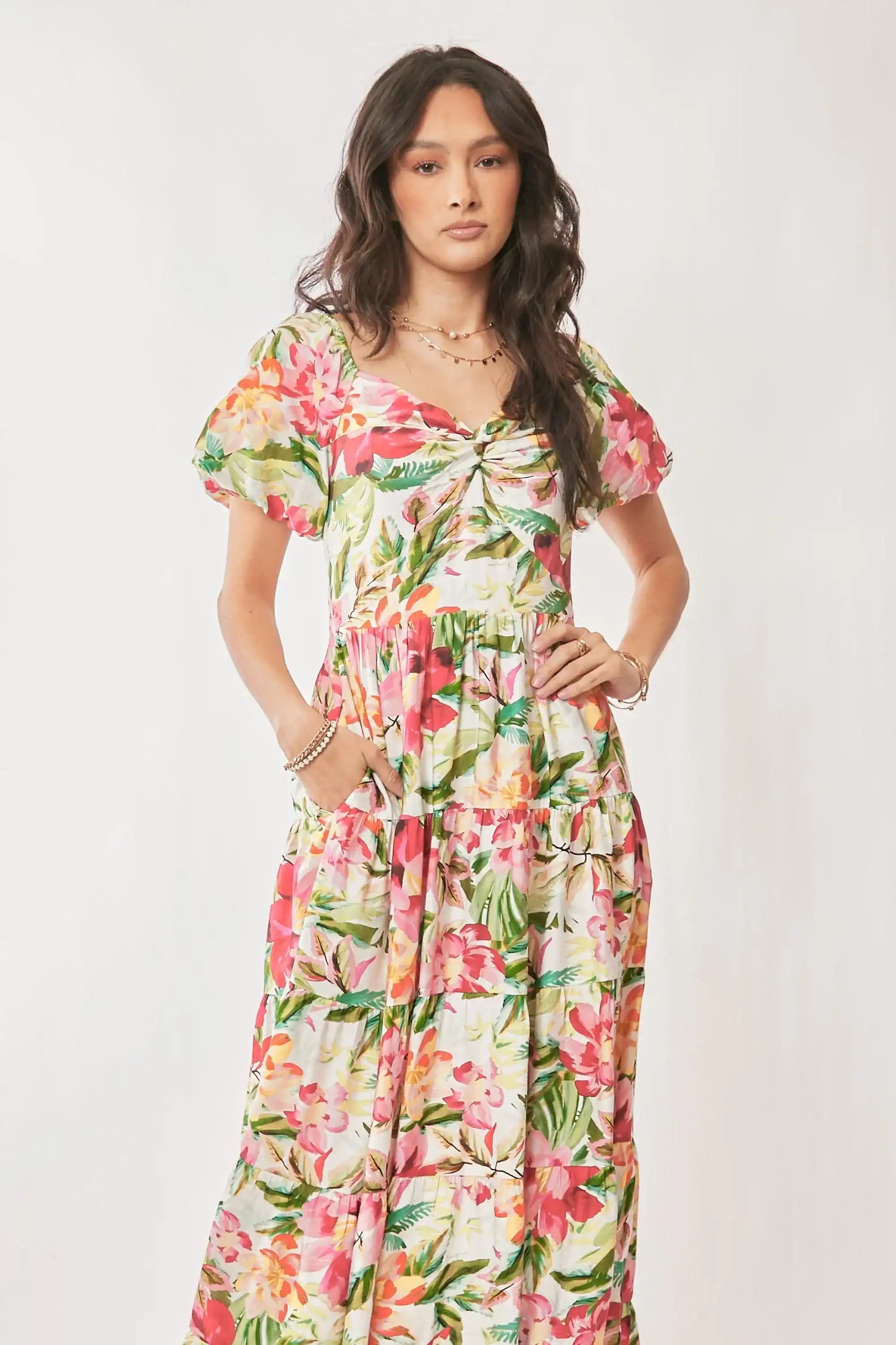 White Floral Puff-Sleeve Midi Dress for Women — Ruched Tiered - gallery