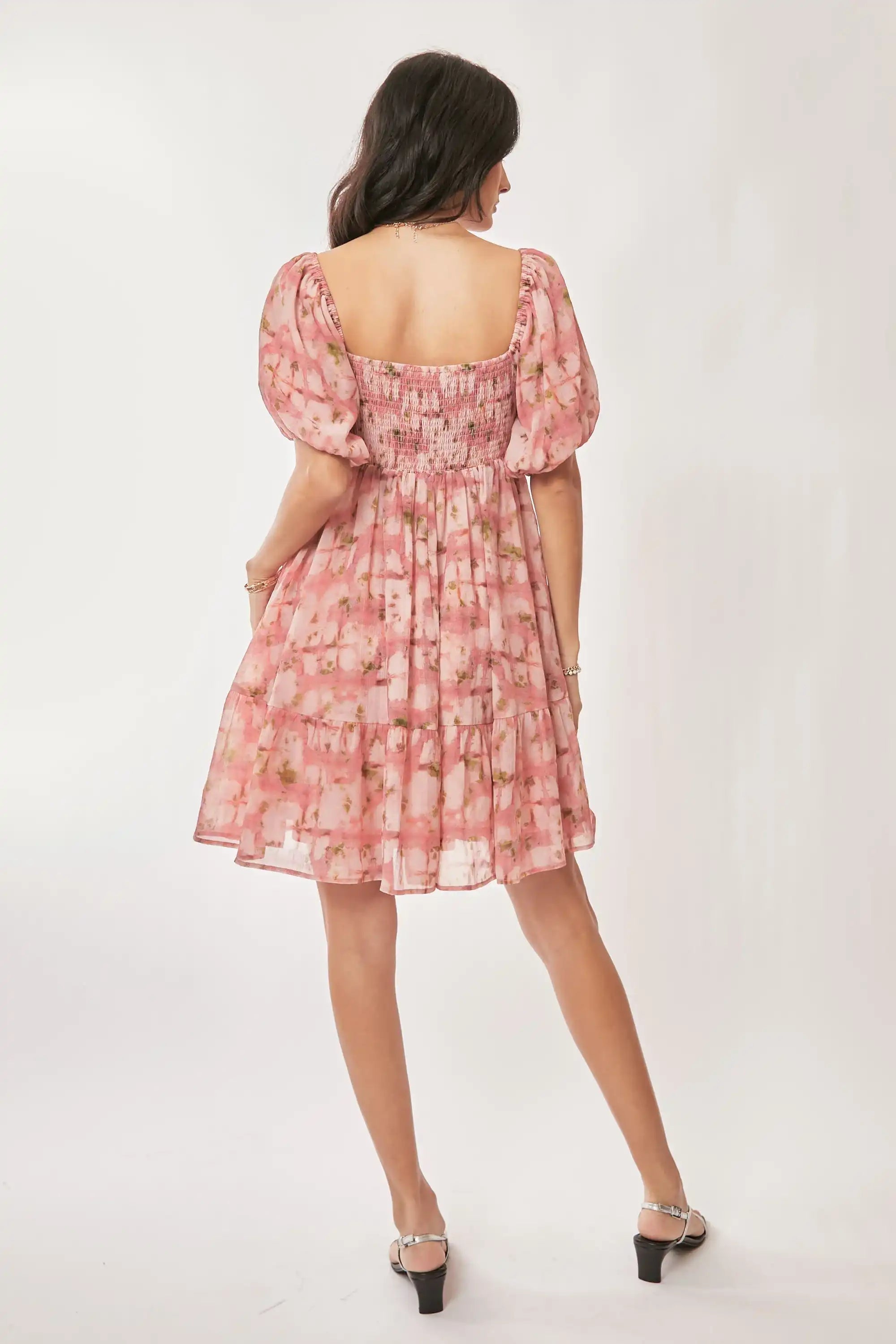 Floral Puff-Sleeve Mini Dress for Women — Square Neck Tiered - gallery