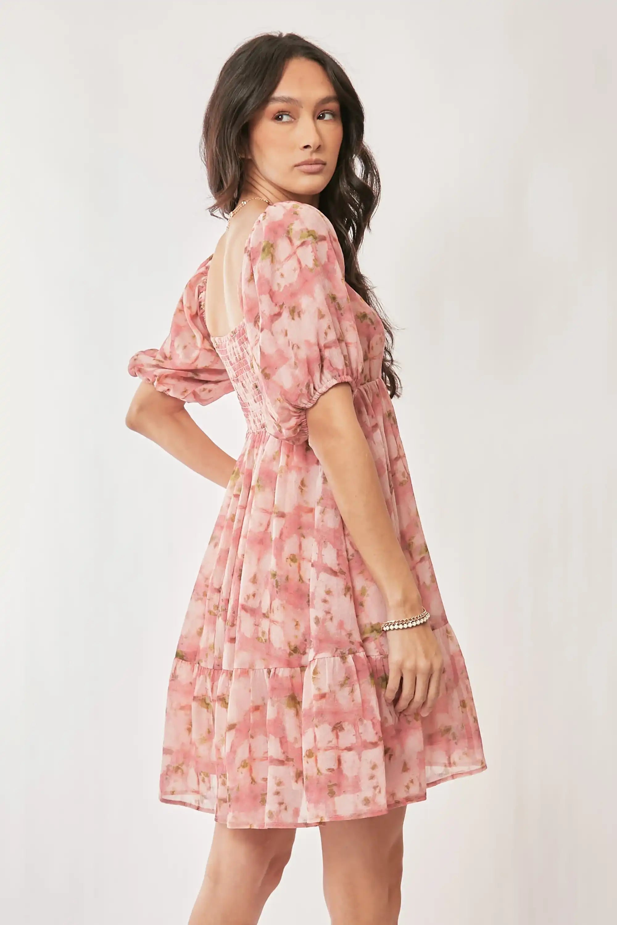 Floral Puff-Sleeve Mini Dress for Women — Square Neck Tiered - gallery