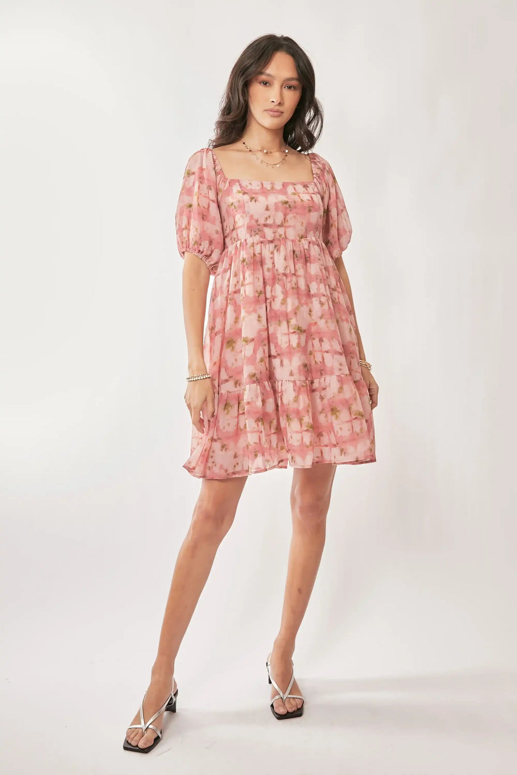 Floral Puff-Sleeve Mini Dress for Women — Square Neck Tiered