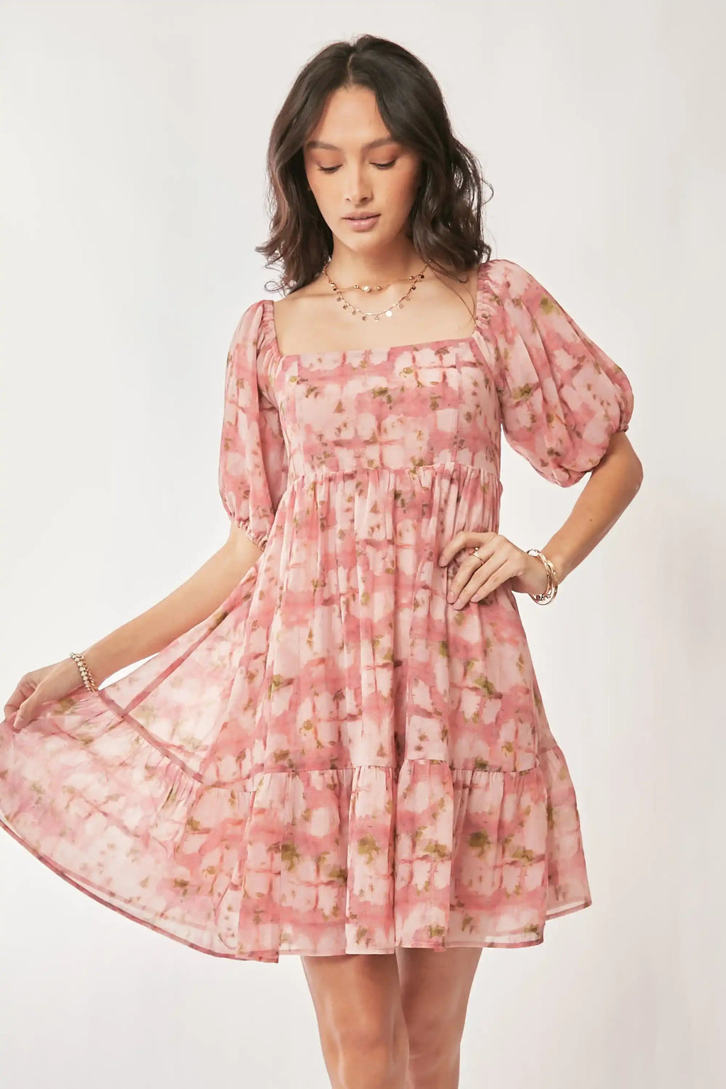 Floral Puff-Sleeve Mini Dress for Women — Square Neck Tiered - gallery