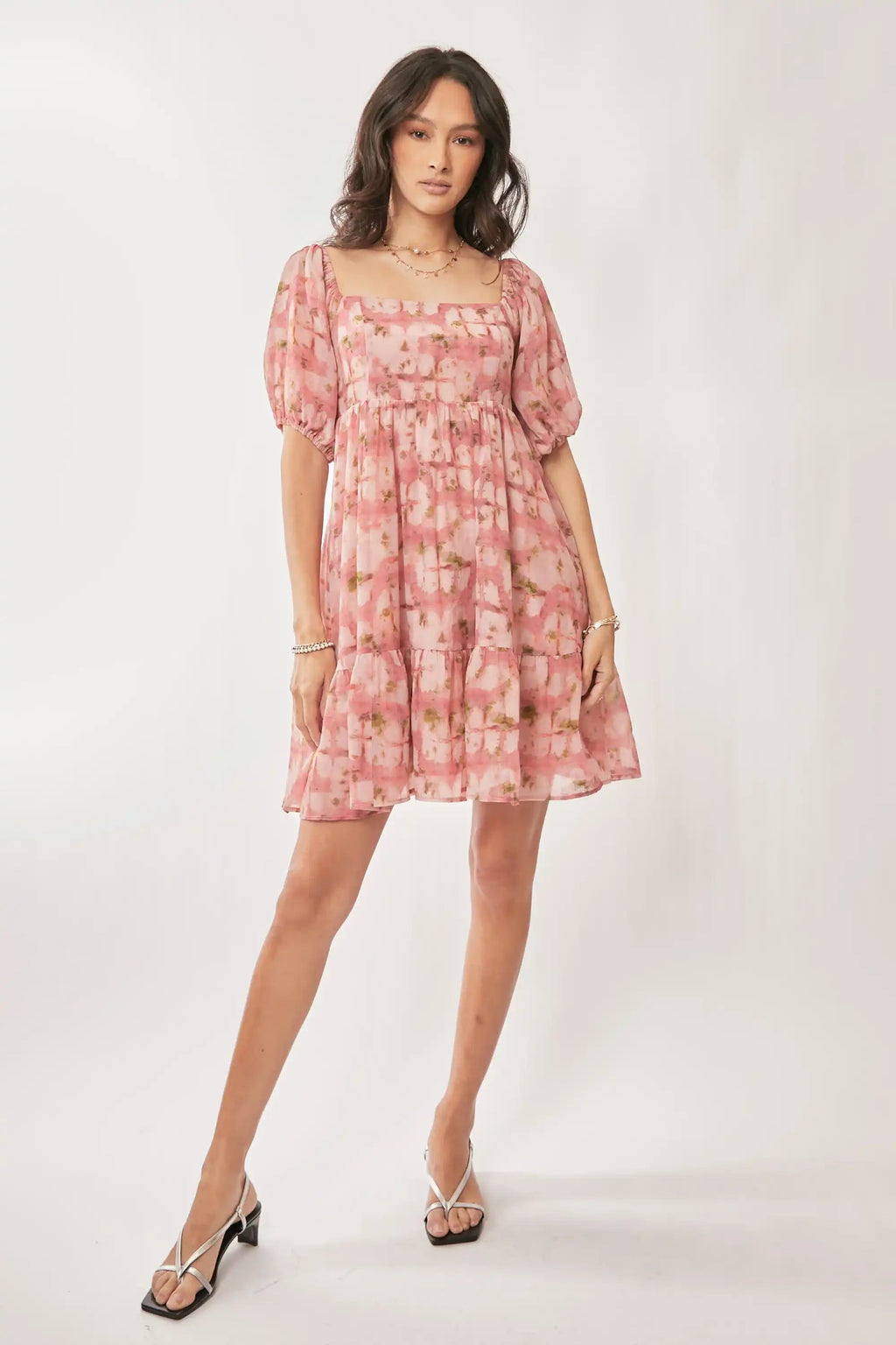 Floral Puff-Sleeve Mini Dress for Women — Square Neck Tiered - gallery