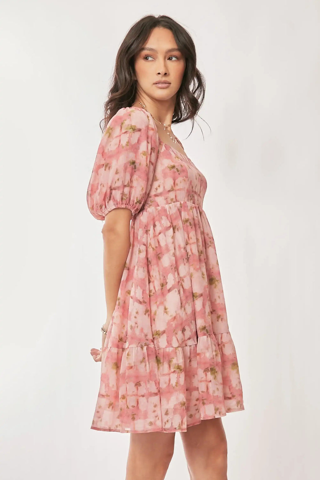 Floral Puff-Sleeve Mini Dress for Women — Square Neck Tiered - gallery