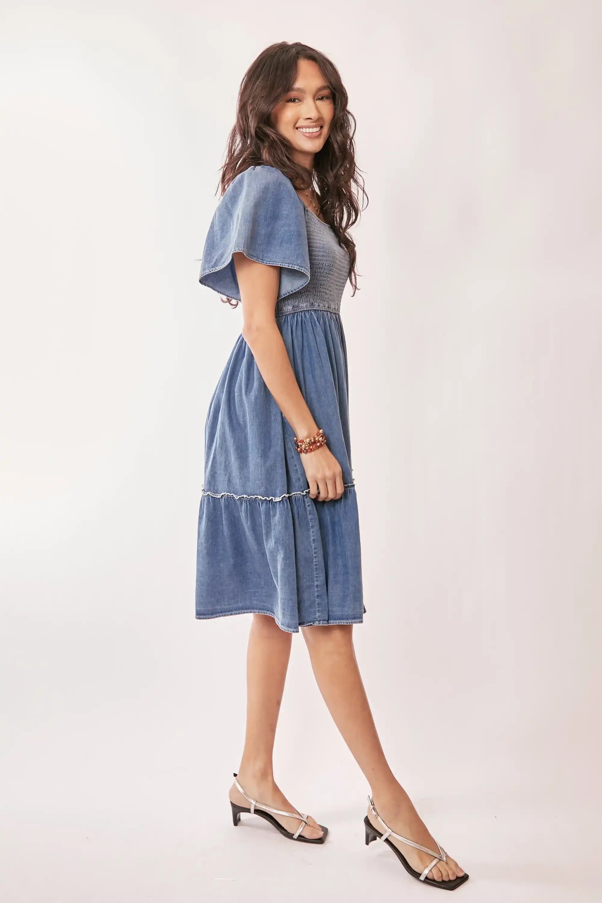 Smocked Denim Midi Dress for Women — Flutter Sleeve Tiered - gallery