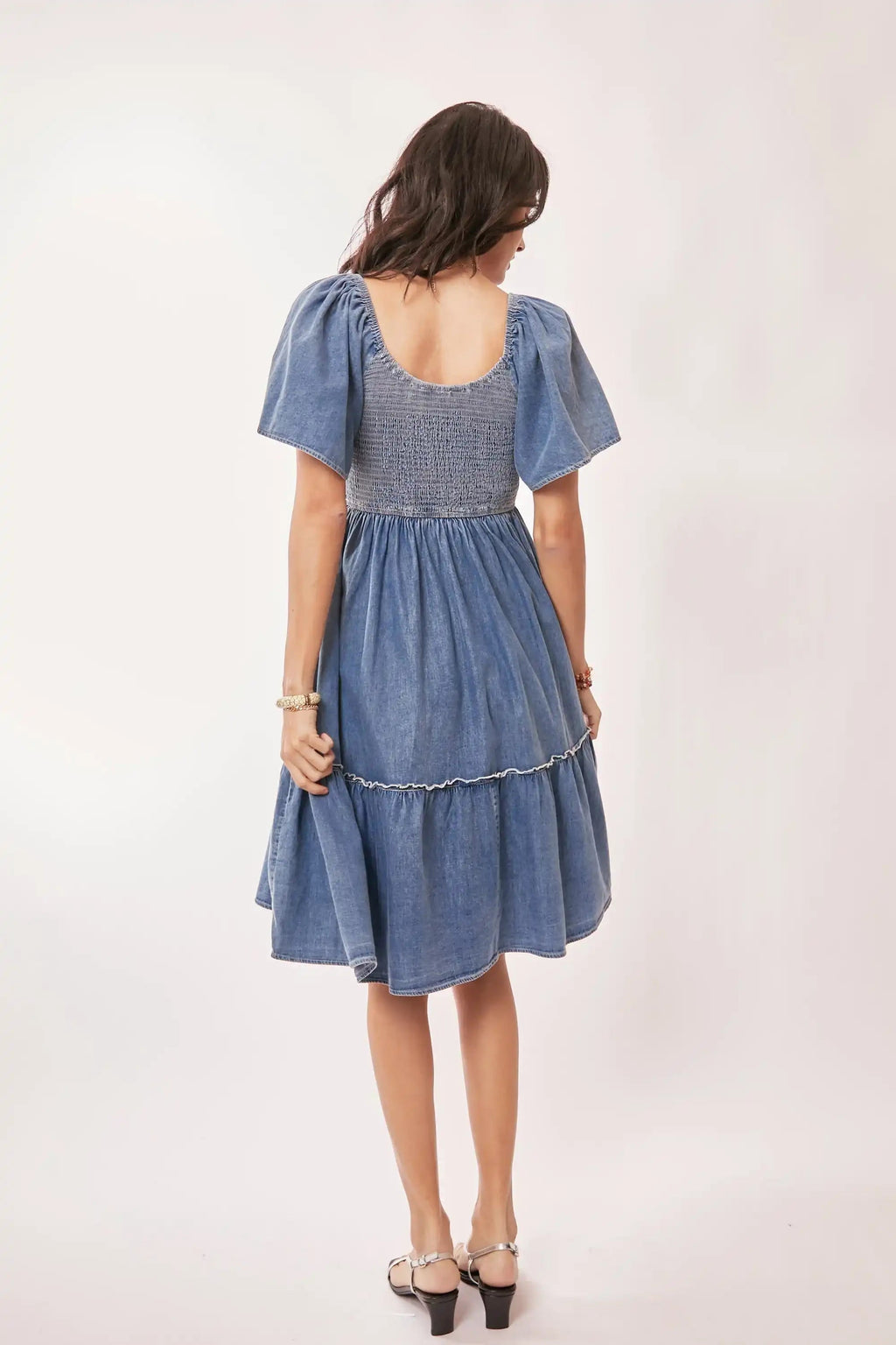 Smocked Denim Midi Dress for Women — Flutter Sleeve Tiered - gallery