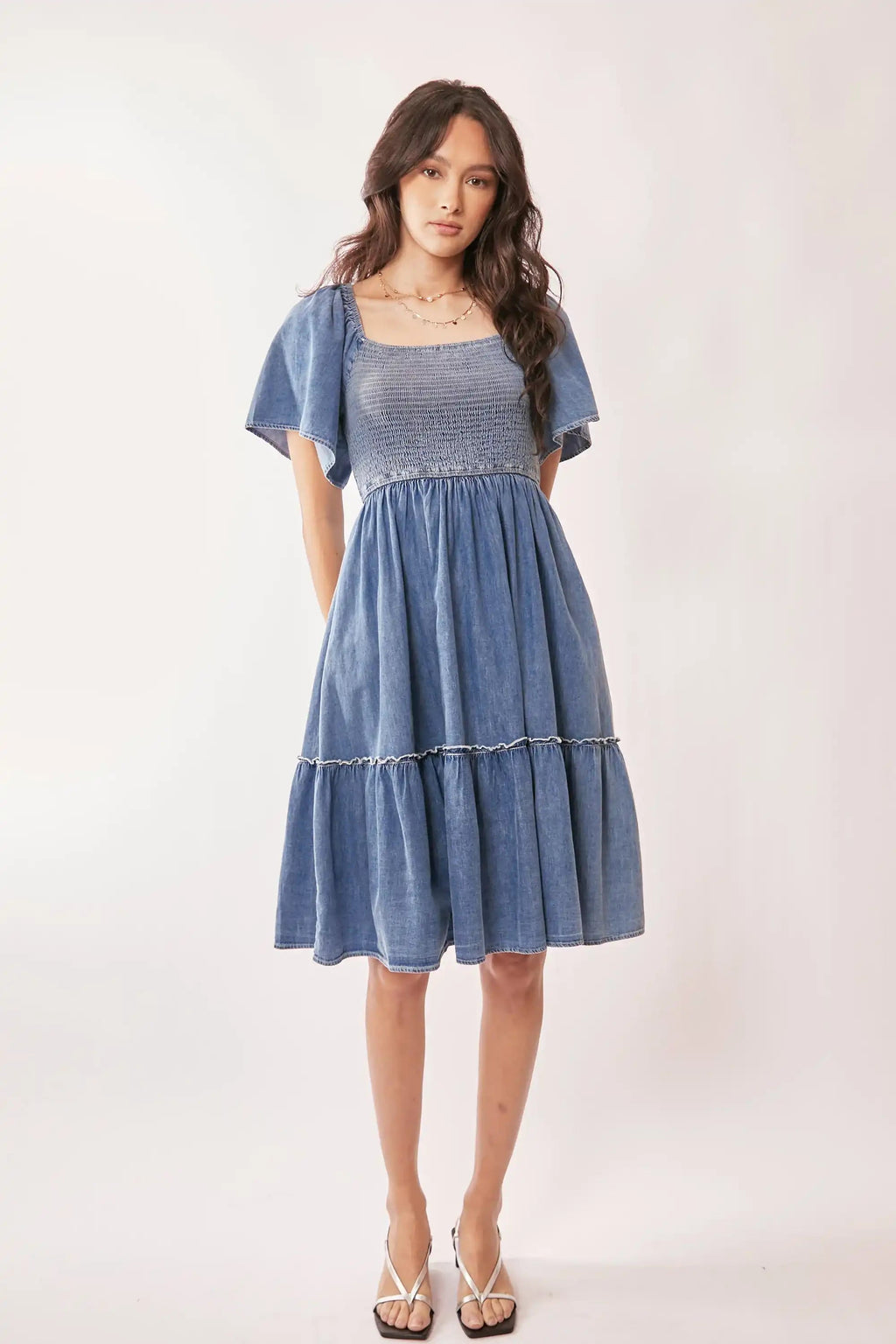 Smocked Denim Midi Dress for Women — Flutter Sleeve Tiered