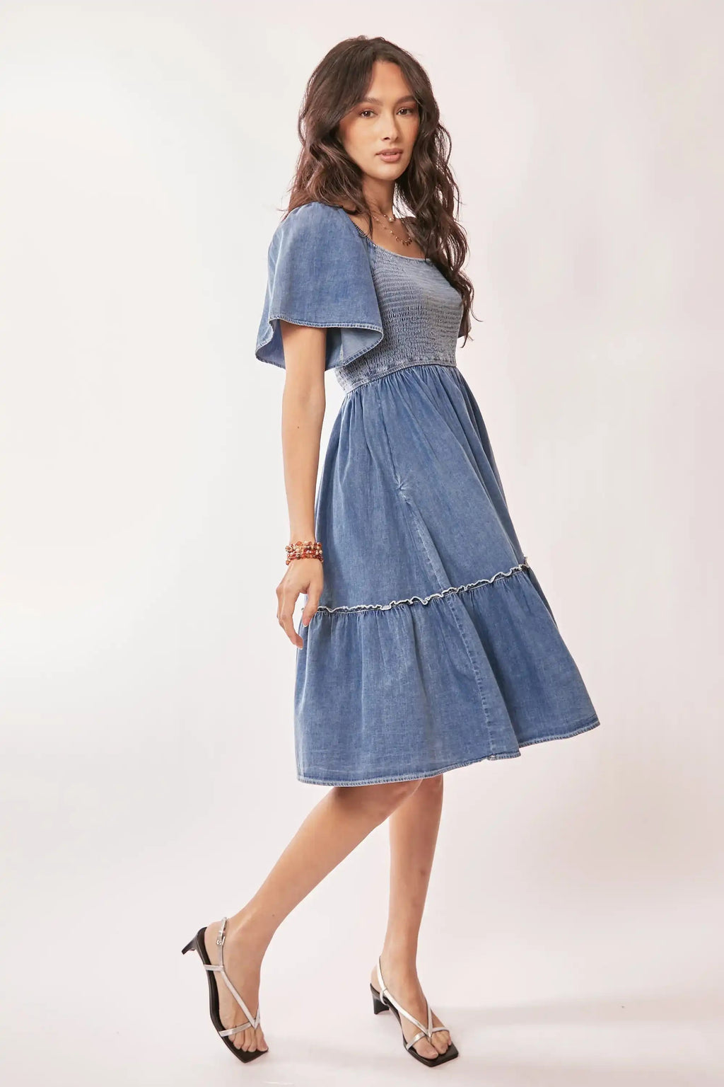 Smocked Denim Midi Dress for Women — Flutter Sleeve Tiered - gallery