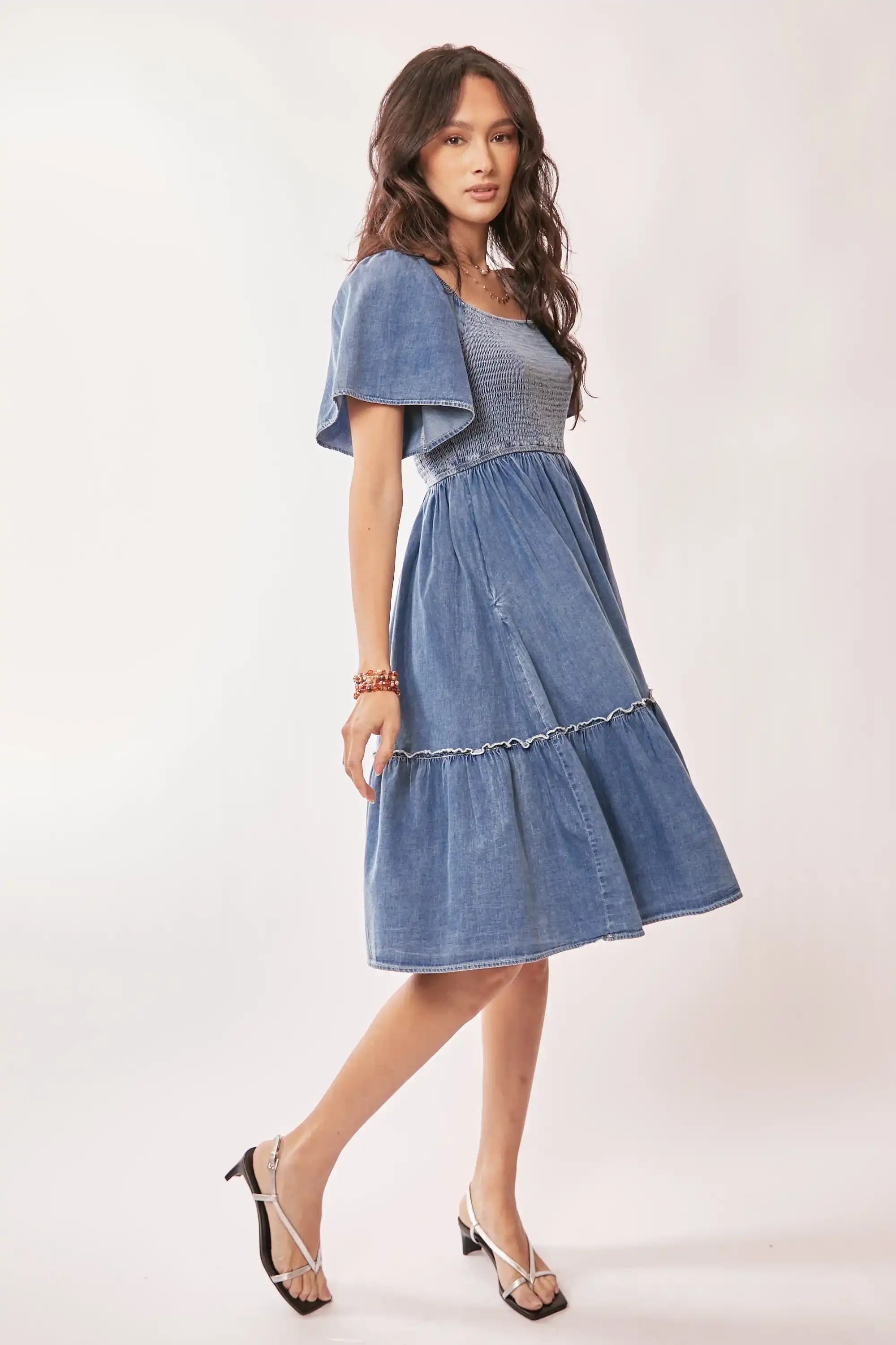 Smocked Denim Midi Dress for Women — Flutter Sleeve Tiered - gallery