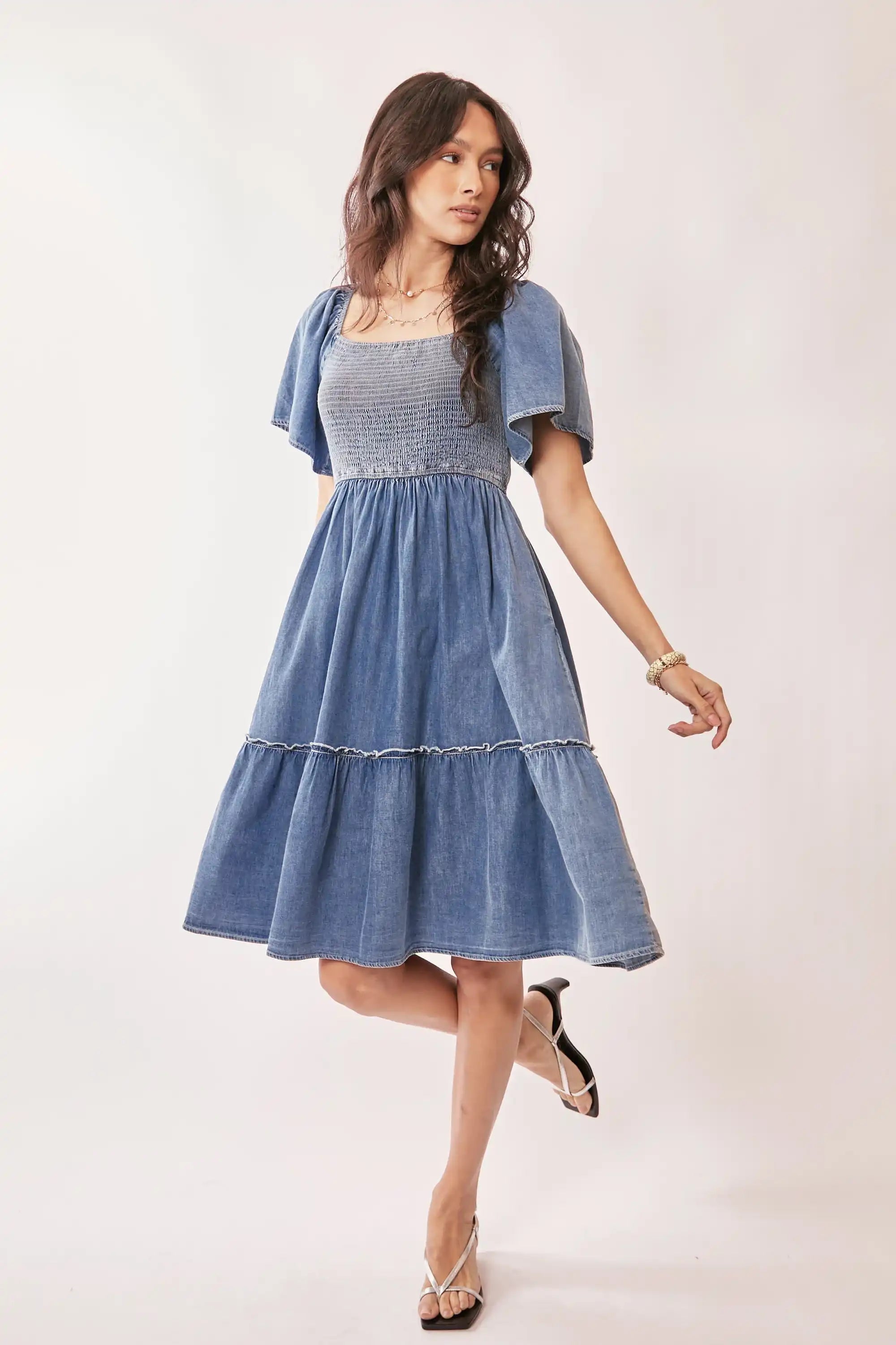 Smocked Denim Midi Dress for Women — Flutter Sleeve Tiered - gallery