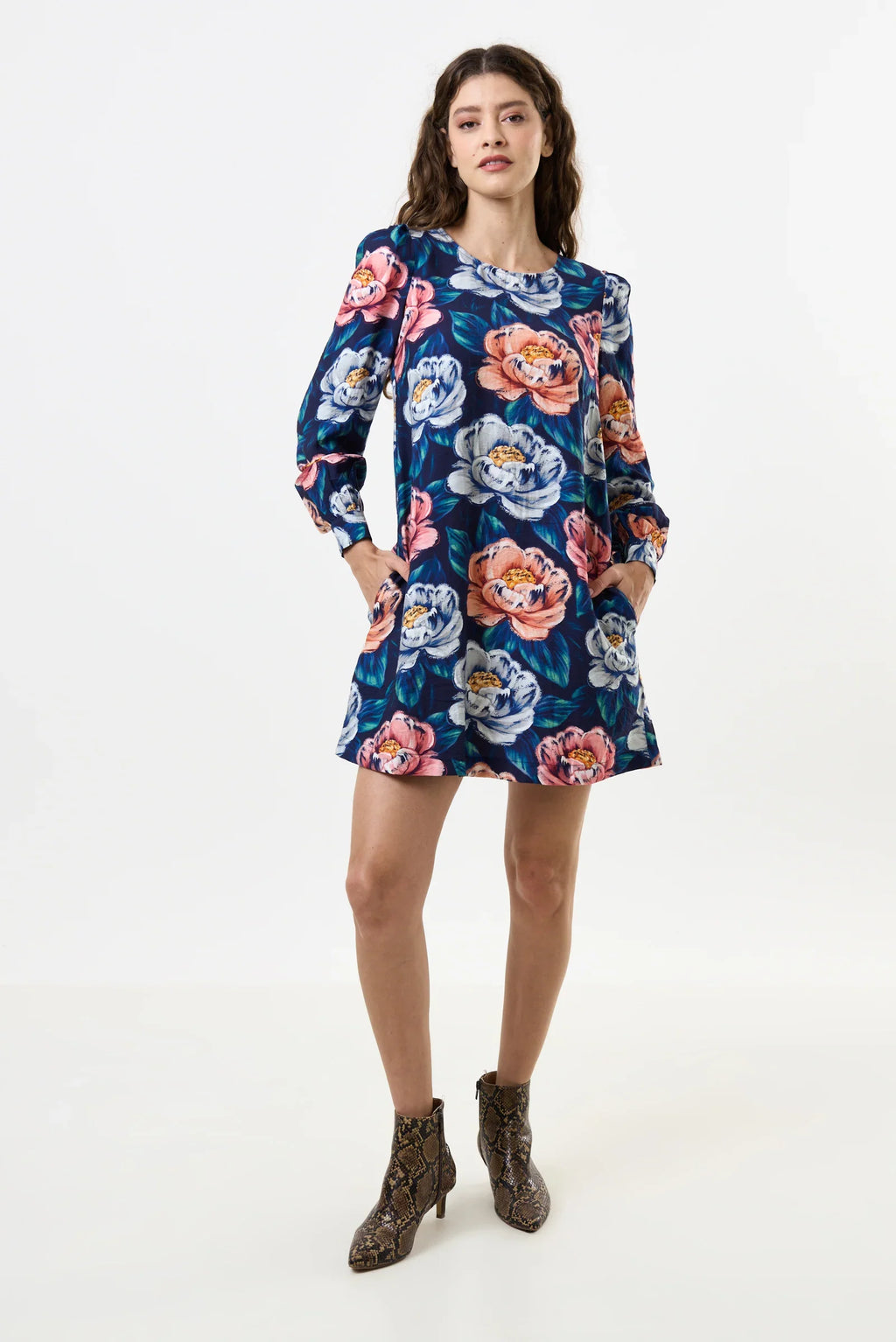 Navy Peony Print Long Sleeve Mini Dress for Women — A-Line - gallery