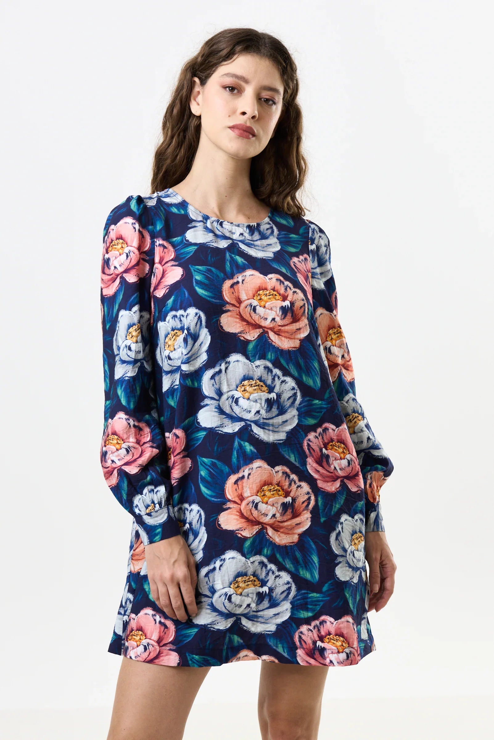 Navy Peony Print Long Sleeve Mini Dress for Women — A-Line