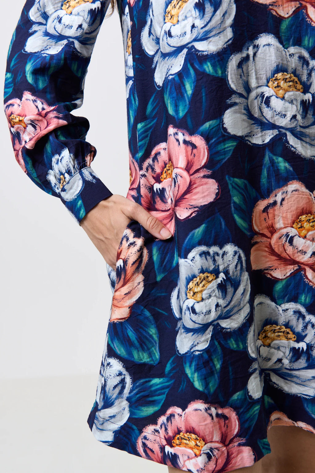Navy Peony Print Long Sleeve Mini Dress for Women — A-Line - gallery