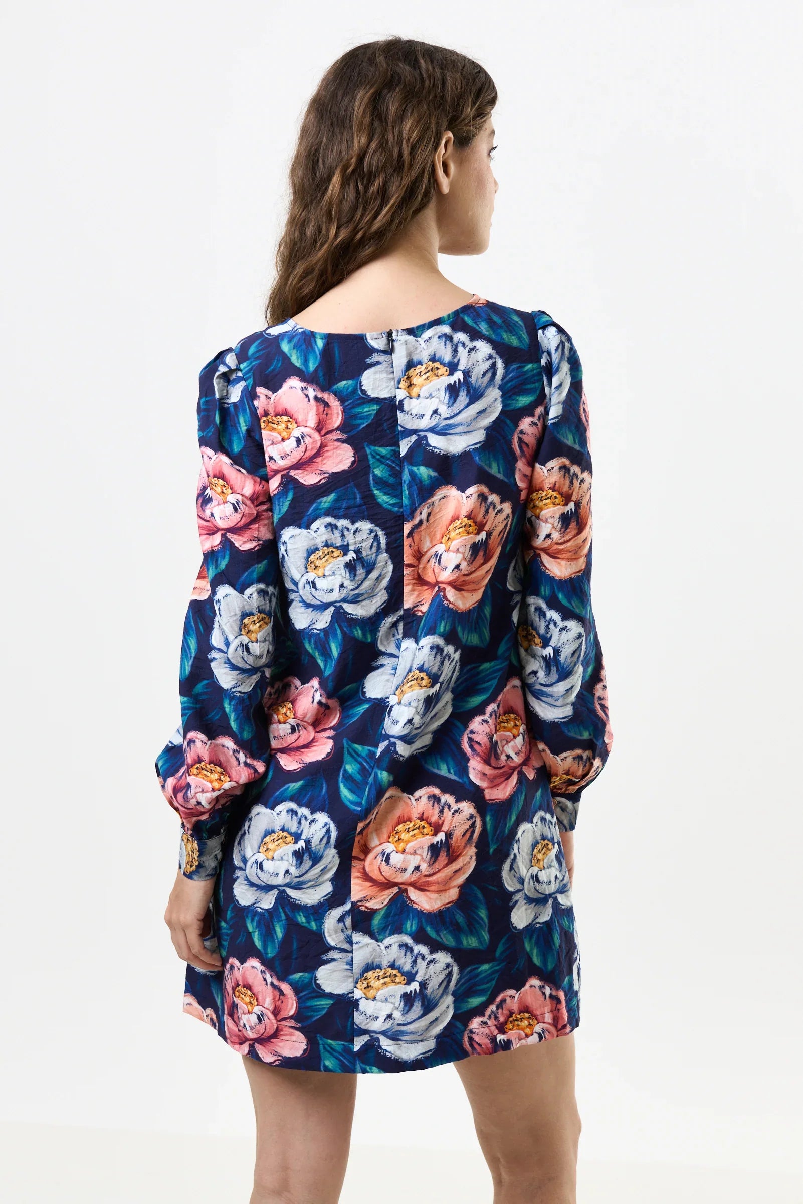 Navy Peony Print Long Sleeve Mini Dress for Women — A-Line - gallery