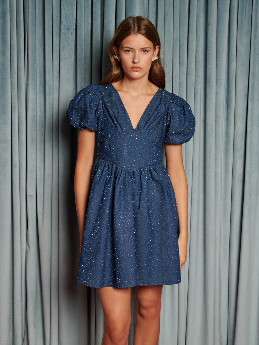 Embellished Denim Mini Dress for Women — Sculpted Waist