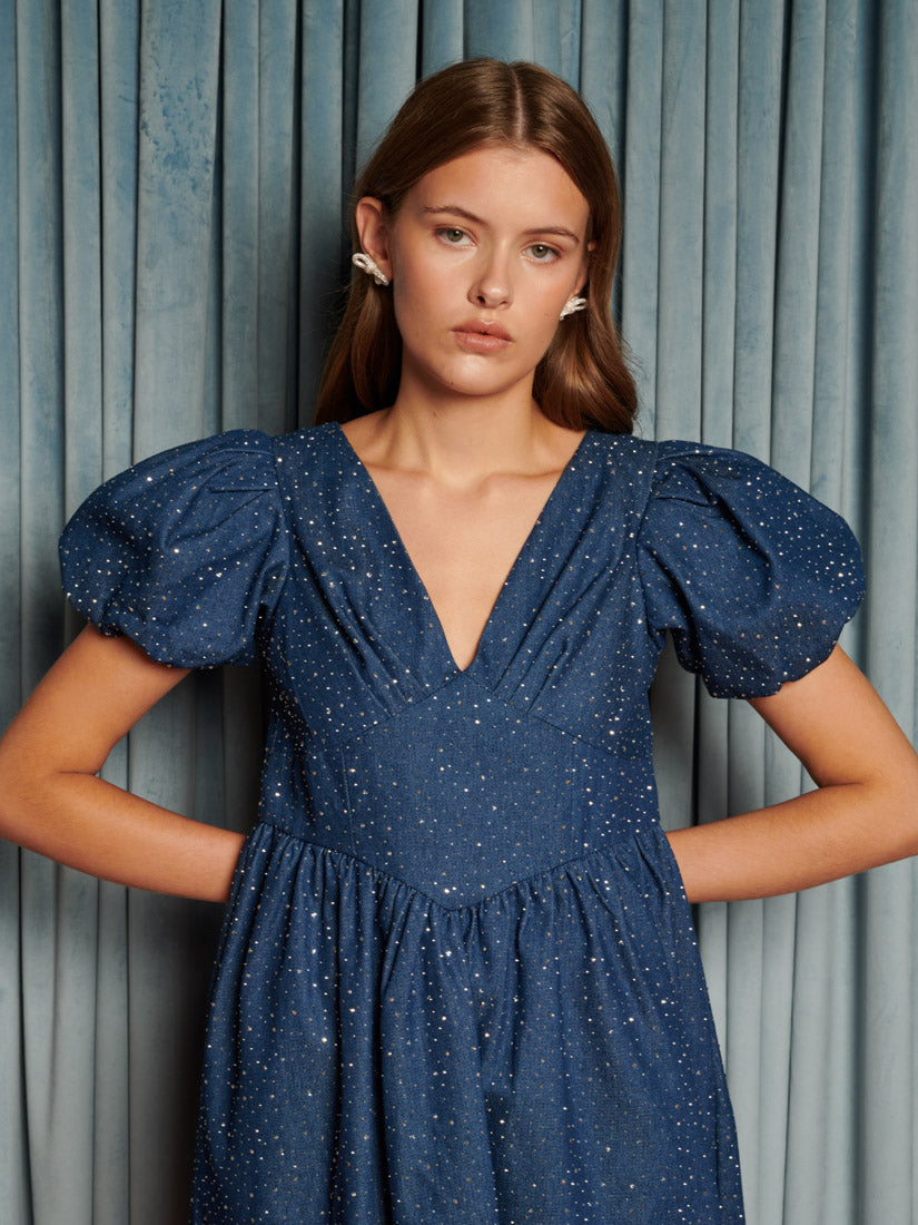Embellished Denim Mini Dress for Women — Sculpted Waist - gallery