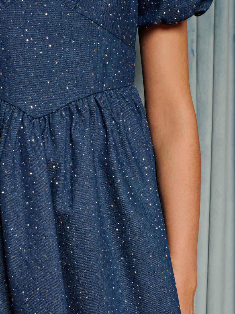 Embellished Denim Mini Dress for Women — Sculpted Waist - gallery