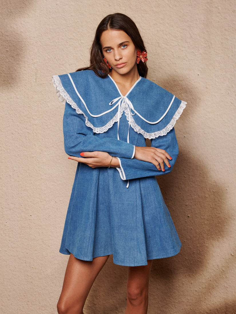Ruffle Denim Fit-and-Flare Mini Dress for Women — Bow
