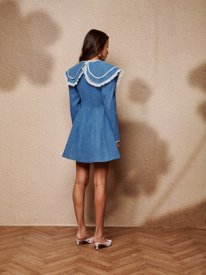 Ruffle Denim Fit-and-Flare Mini Dress for Women — Bow - gallery