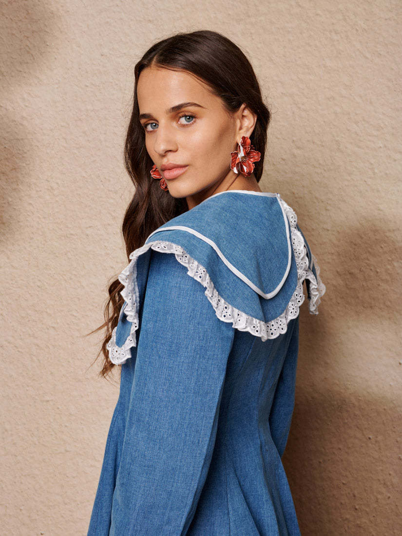 Ruffle Denim Fit-and-Flare Mini Dress for Women — Bow - gallery