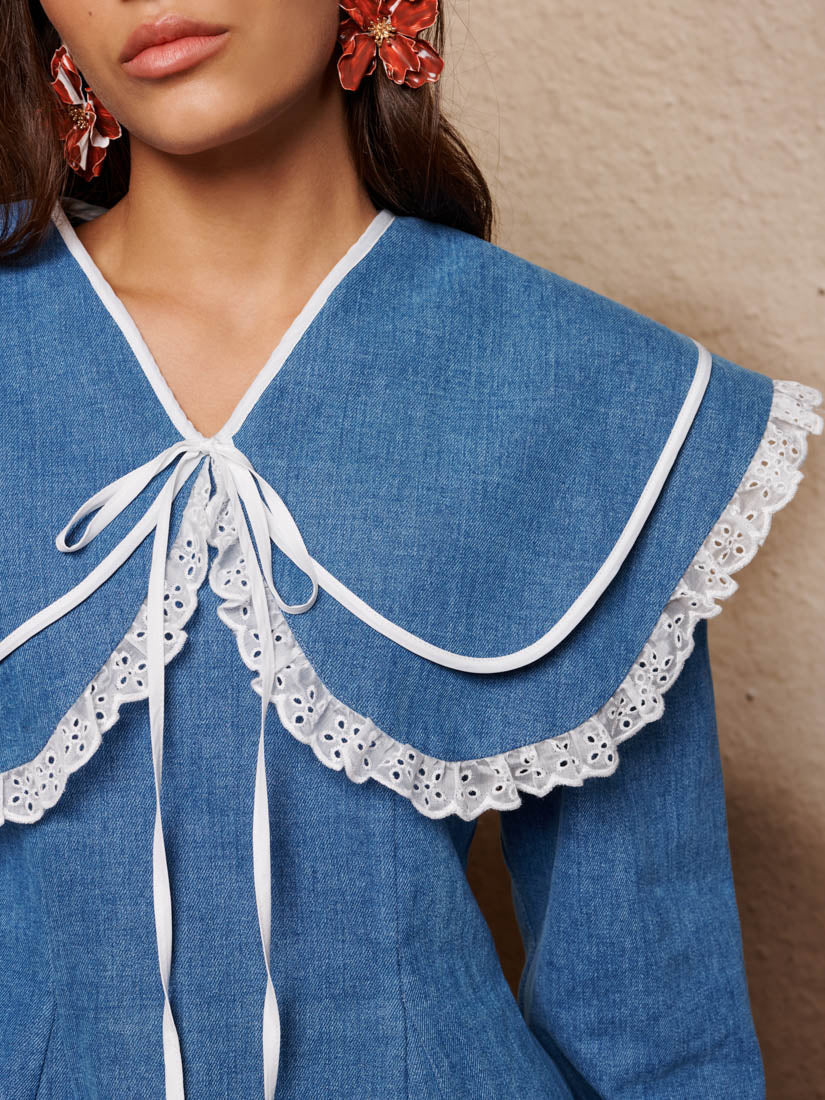 Ruffle Denim Fit-and-Flare Mini Dress for Women — Bow - gallery